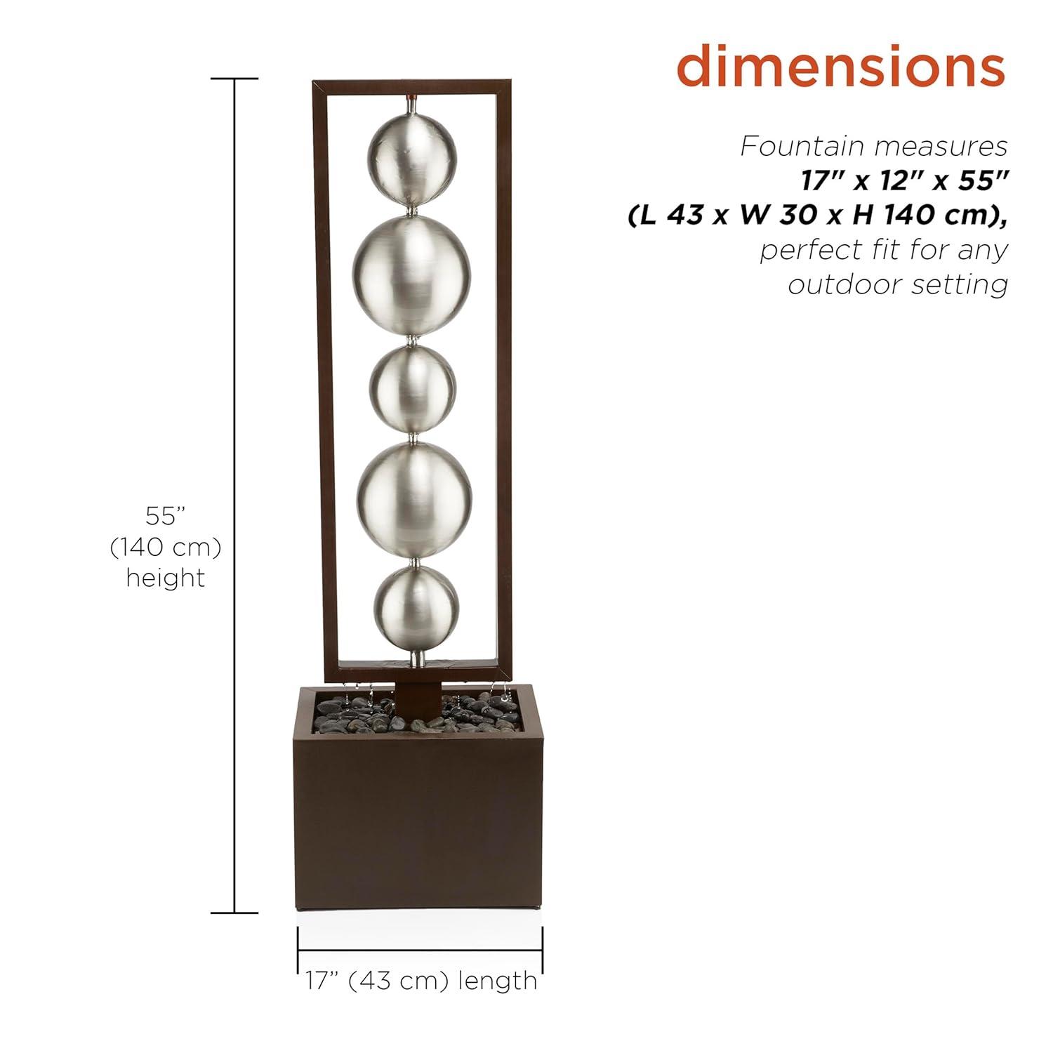 55" Metal Modern Column Fountain with Stainless Steel Orbs Silver/Brown - Alpine Corporation: Electric-Powered