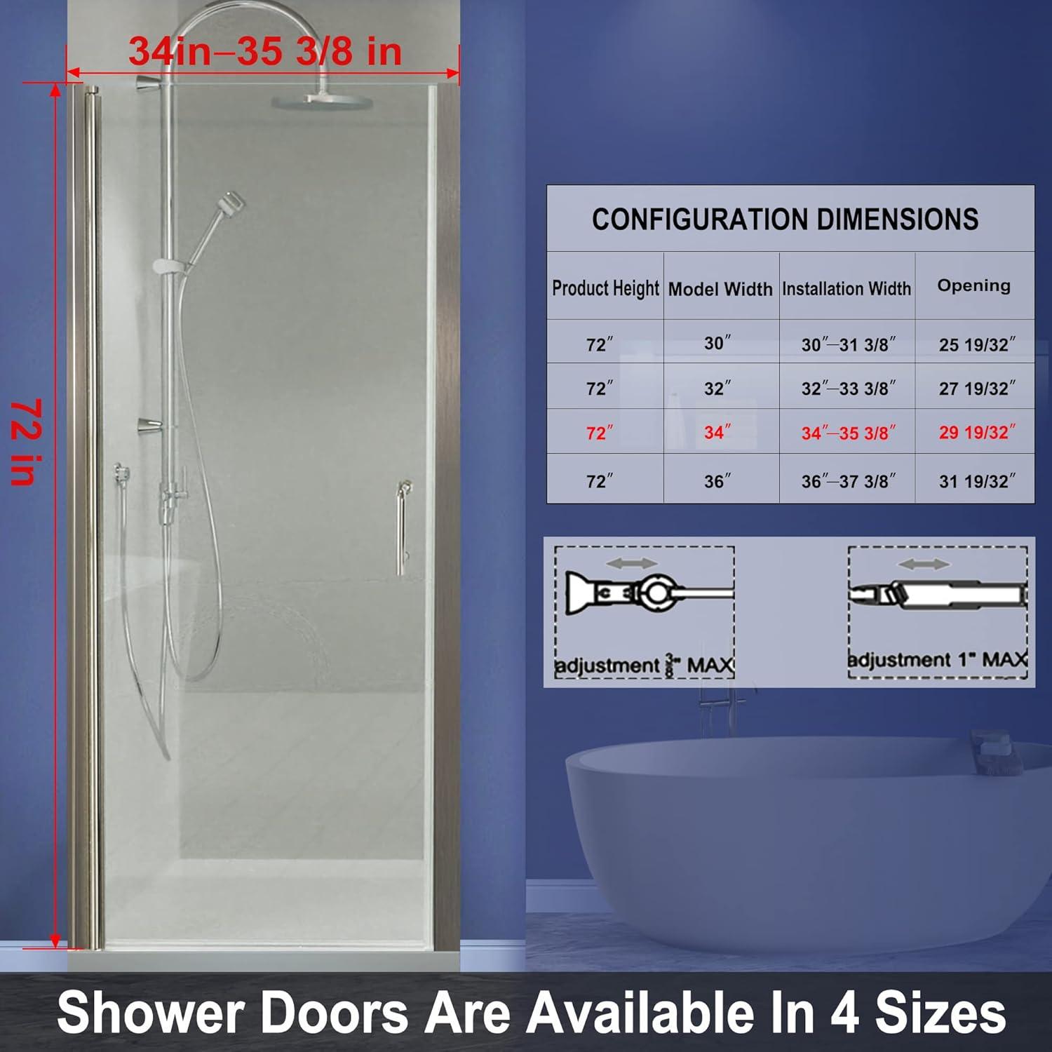 34-35.5 in. W x 72 in. H Pivot Swing Frameless Shower Door with Clear SGCC Tempered Glass