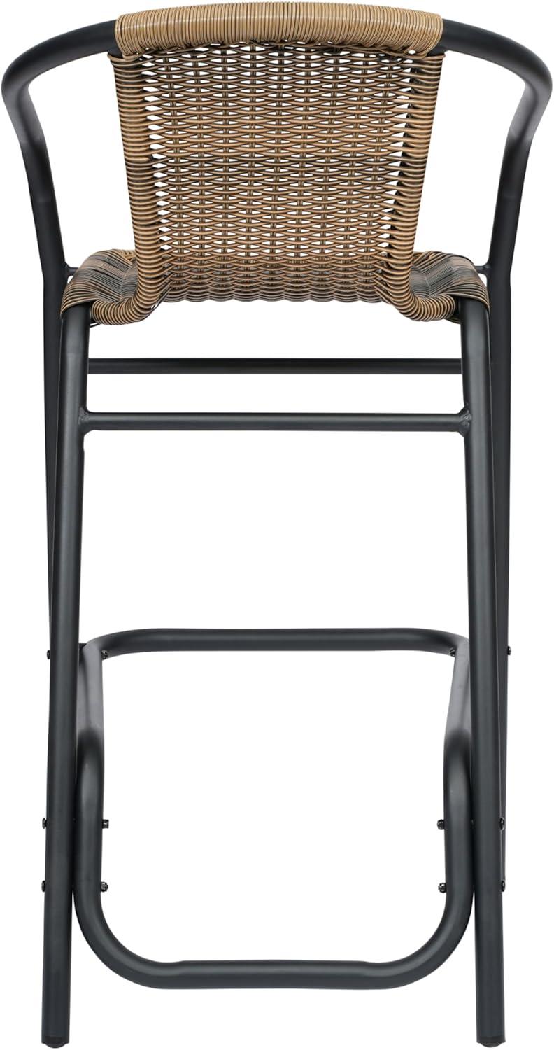 Flash Furniture Lila Set of 2 Commercial Grade Indoor-Outdoor PE Rattan Restaurant Barstool with Black Aluminum Frame and Footrest in Medium Brown