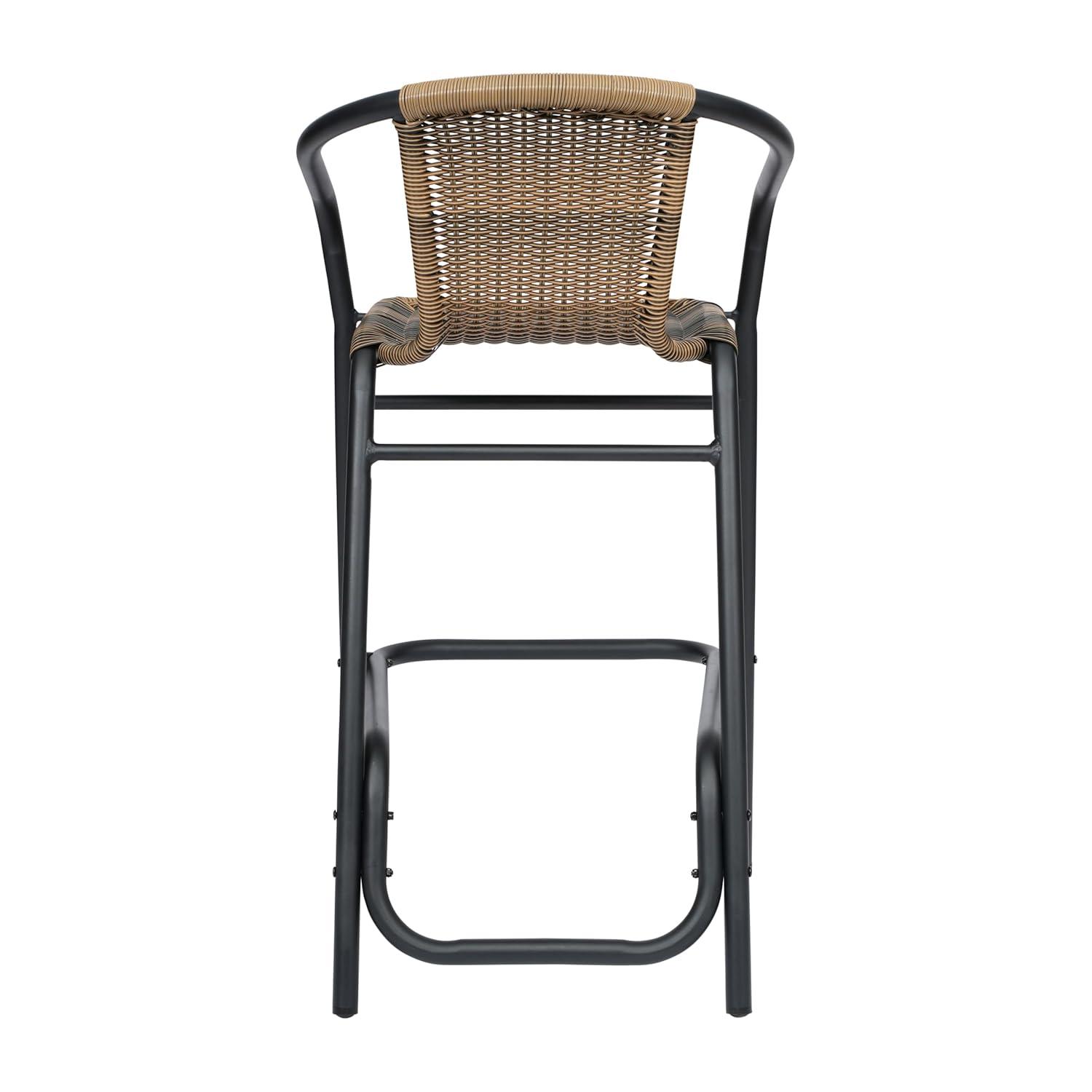 Flash Furniture Lila Set of 2 Commercial Grade Indoor-Outdoor PE Rattan Restaurant Barstool with Black Aluminum Frame and Footrest in Medium Brown