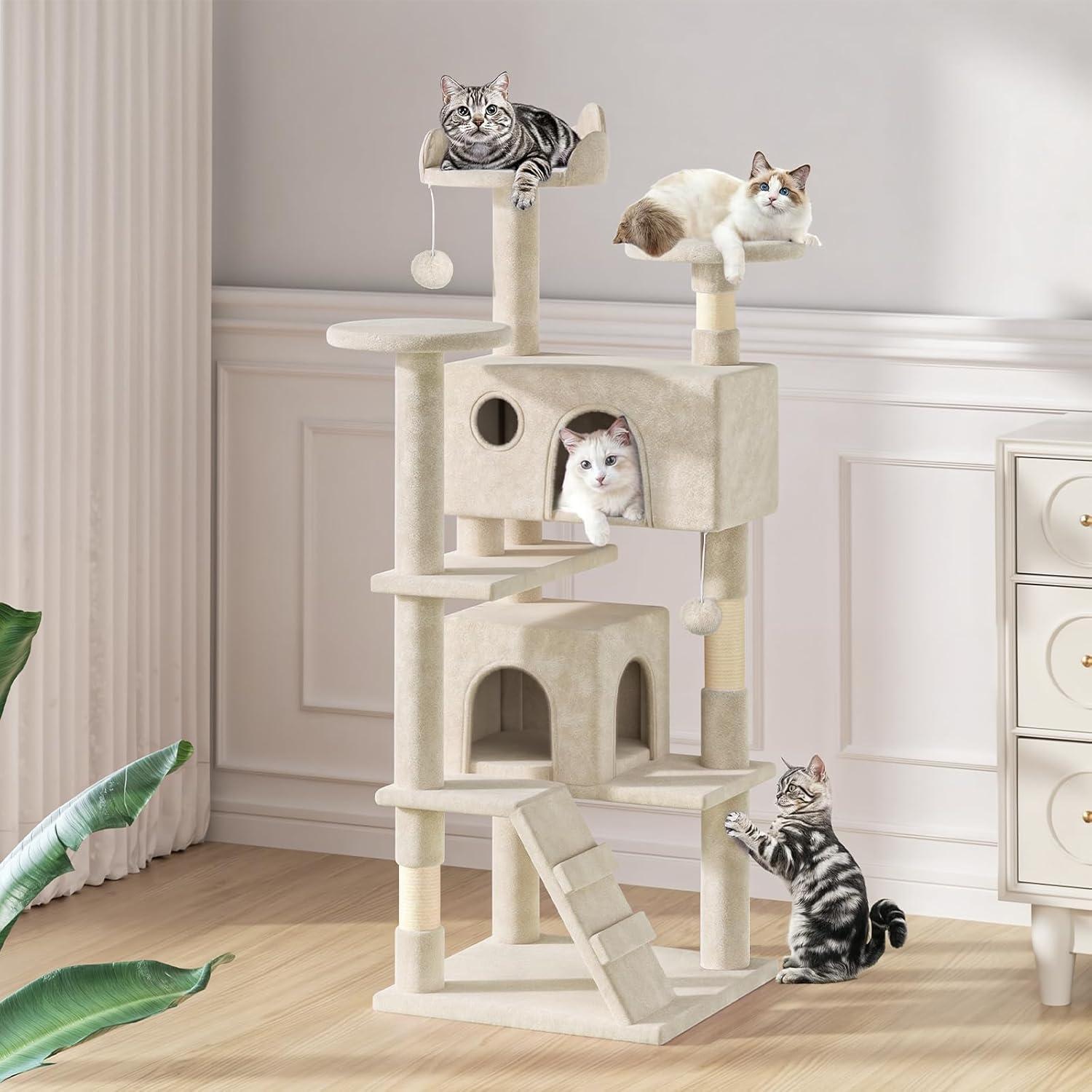 MoNiBloom 54" Cat Tree & Condo Scratching Post Tower, Beige