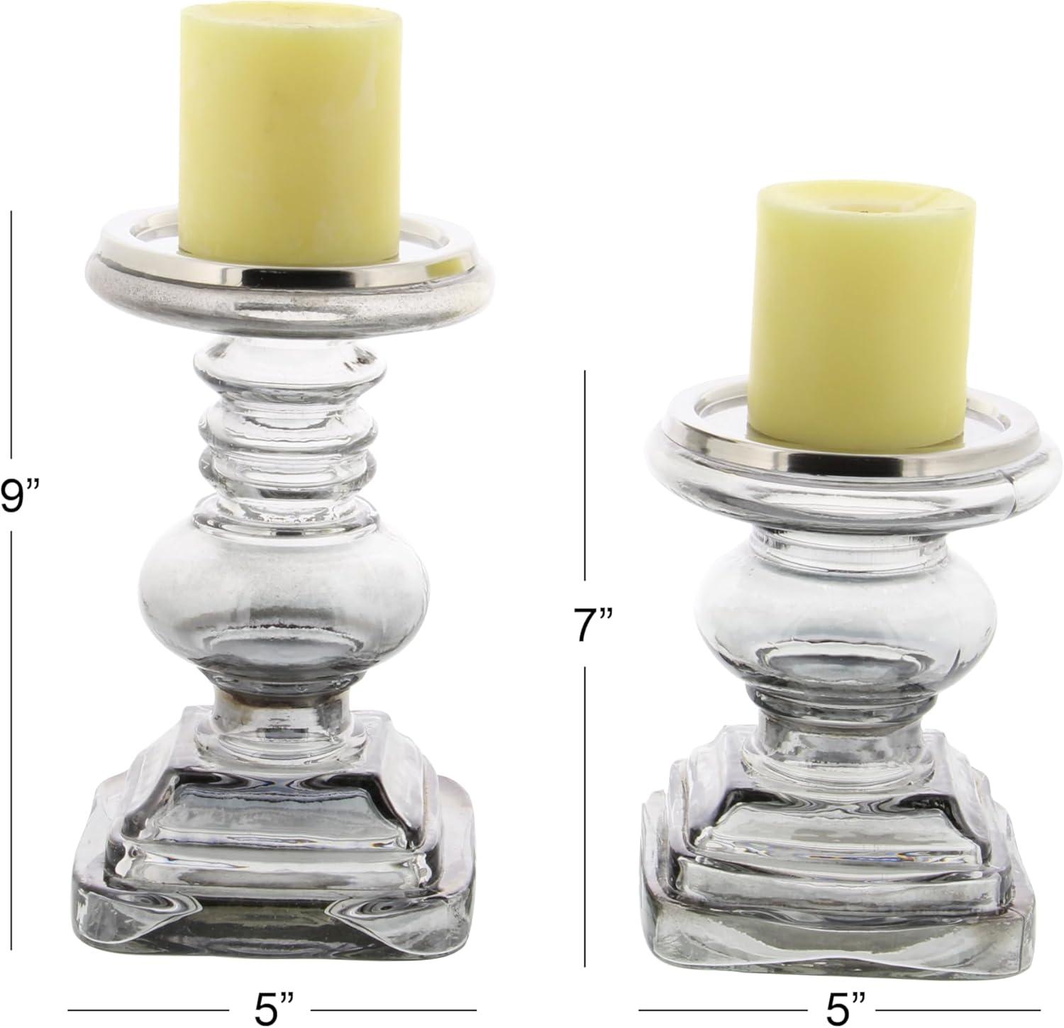 DecMode 2 Candle Silver Glass Handmade Turned Style Pillar Candle Holder, Set of 2