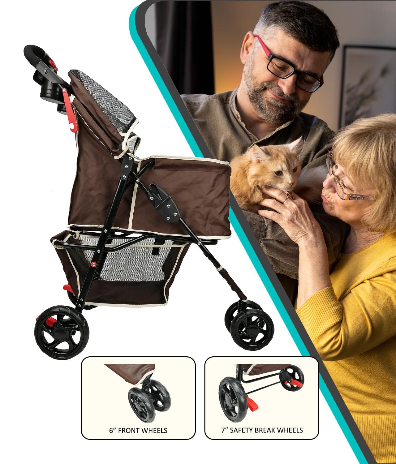 AmorosO Coffee Brown Foldable Pet Stroller with Storage