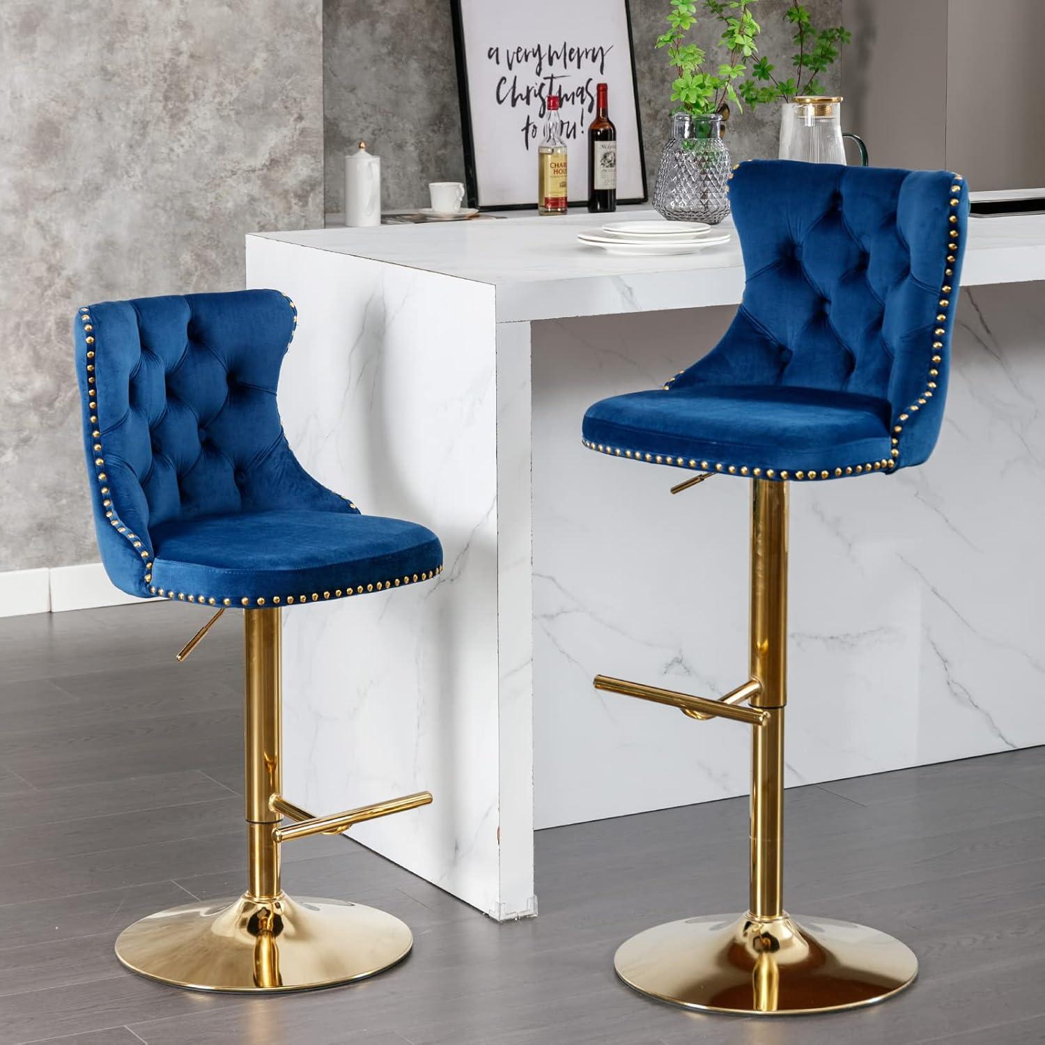 Sesslife Swivel Counter Height Bar Stools Set of 2, Upholstered Velvet Fabric High Bar Chairs with Golden Nail Trim, Adjustable Seat Height, Barstools with Back and Footrest for Kitchen Island, Blue