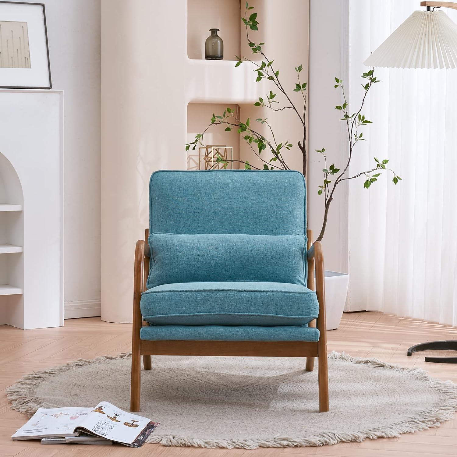 Tcbosik Accent Upholstered Chair with Backrest and Armrest, Wooden Reading Armchair with Pillow for Living Room Studio Office Couch, Teal