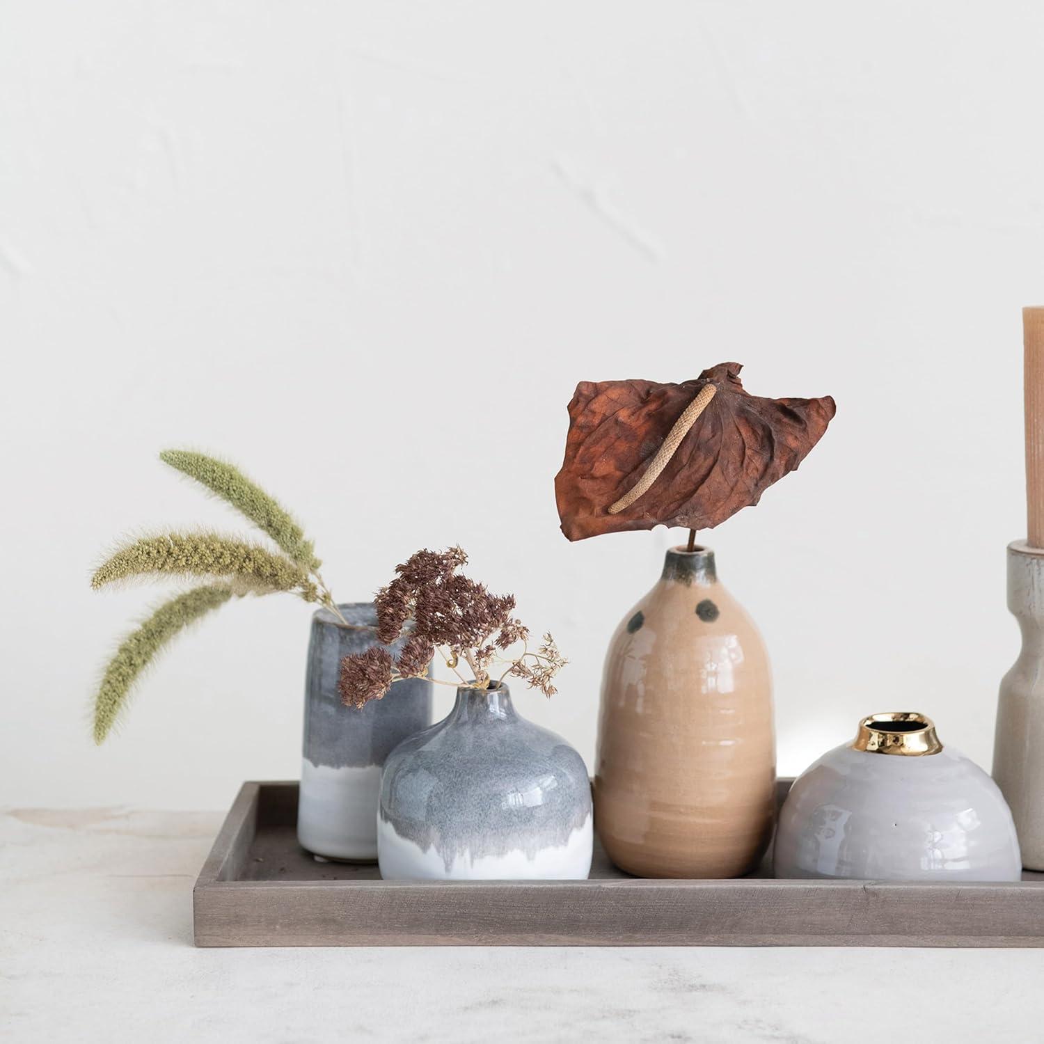 Creative Co-Op Stoneware Vase Ensemble on a Mango Wood Tray, Set of 5