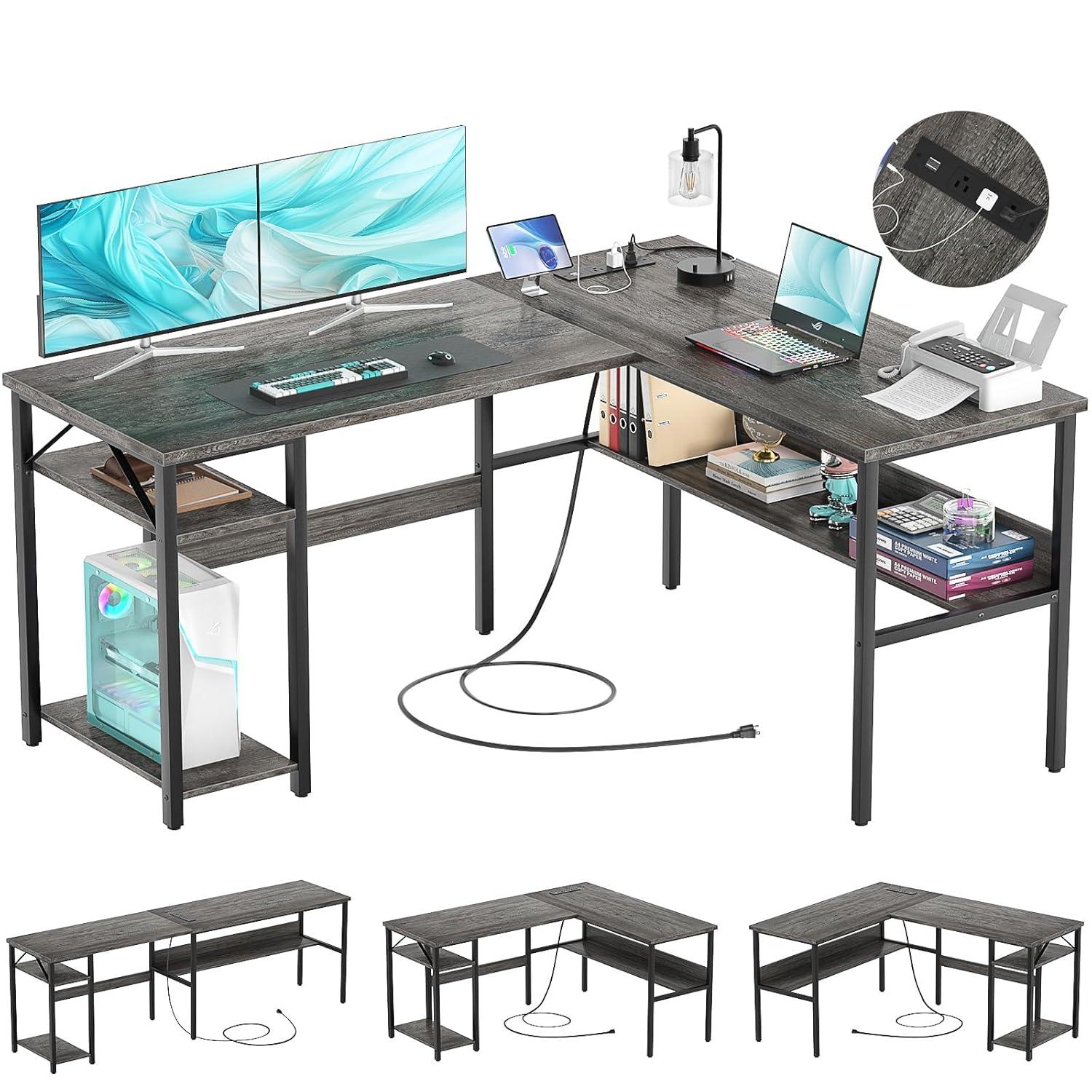 Reversible L Shaped Gaming Desk with Power Outlets and USB Charging Ports, Sturdy Computer Desk with Storage Shelf, Modern Corner Desk Home Office Table, Easy to Assemble, Gray Oak