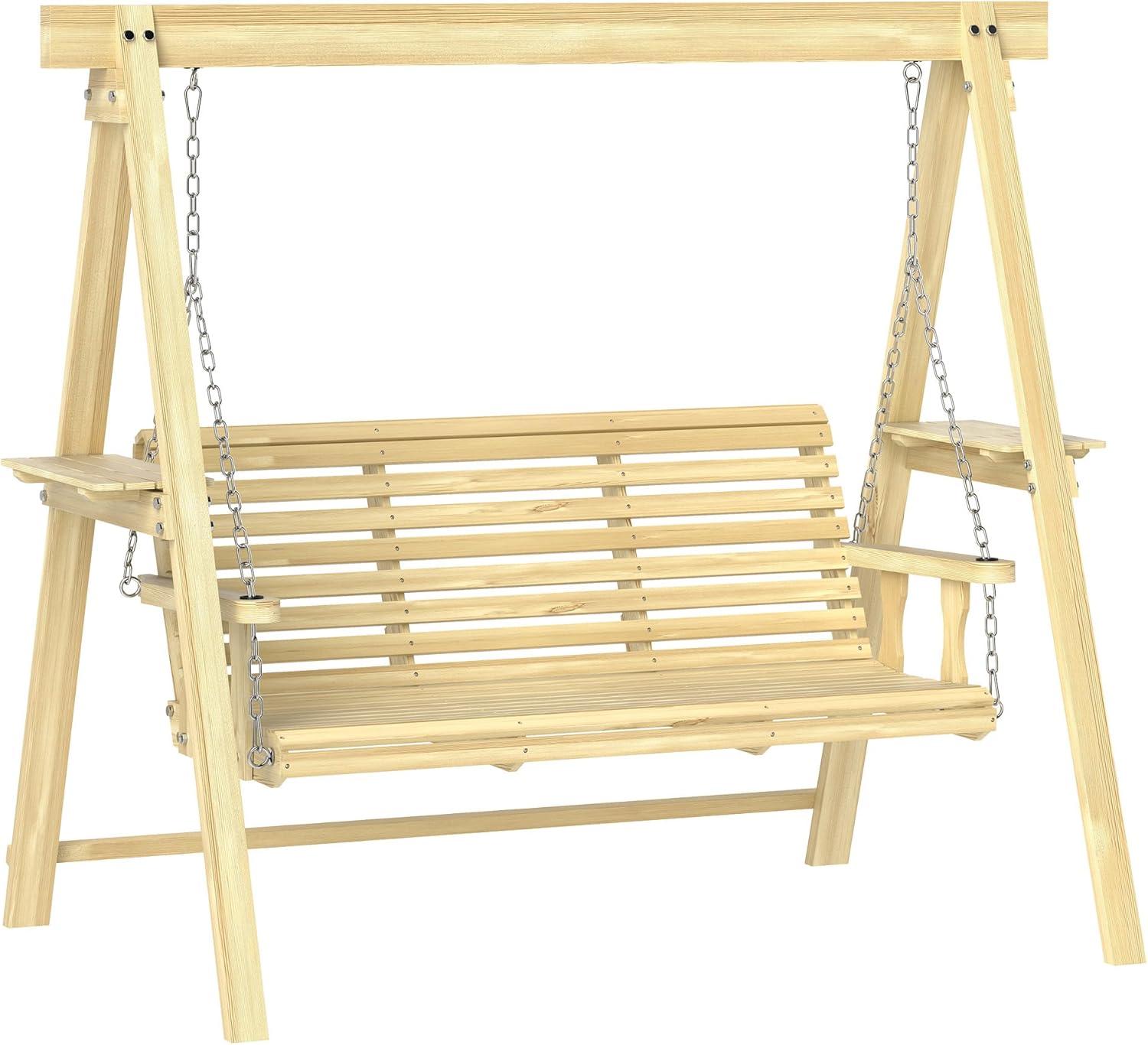 Outsunny 3 Seat Wooden Porch Swing with Stand, Patio Swing Chair with Side Tables, Carbonized Brown