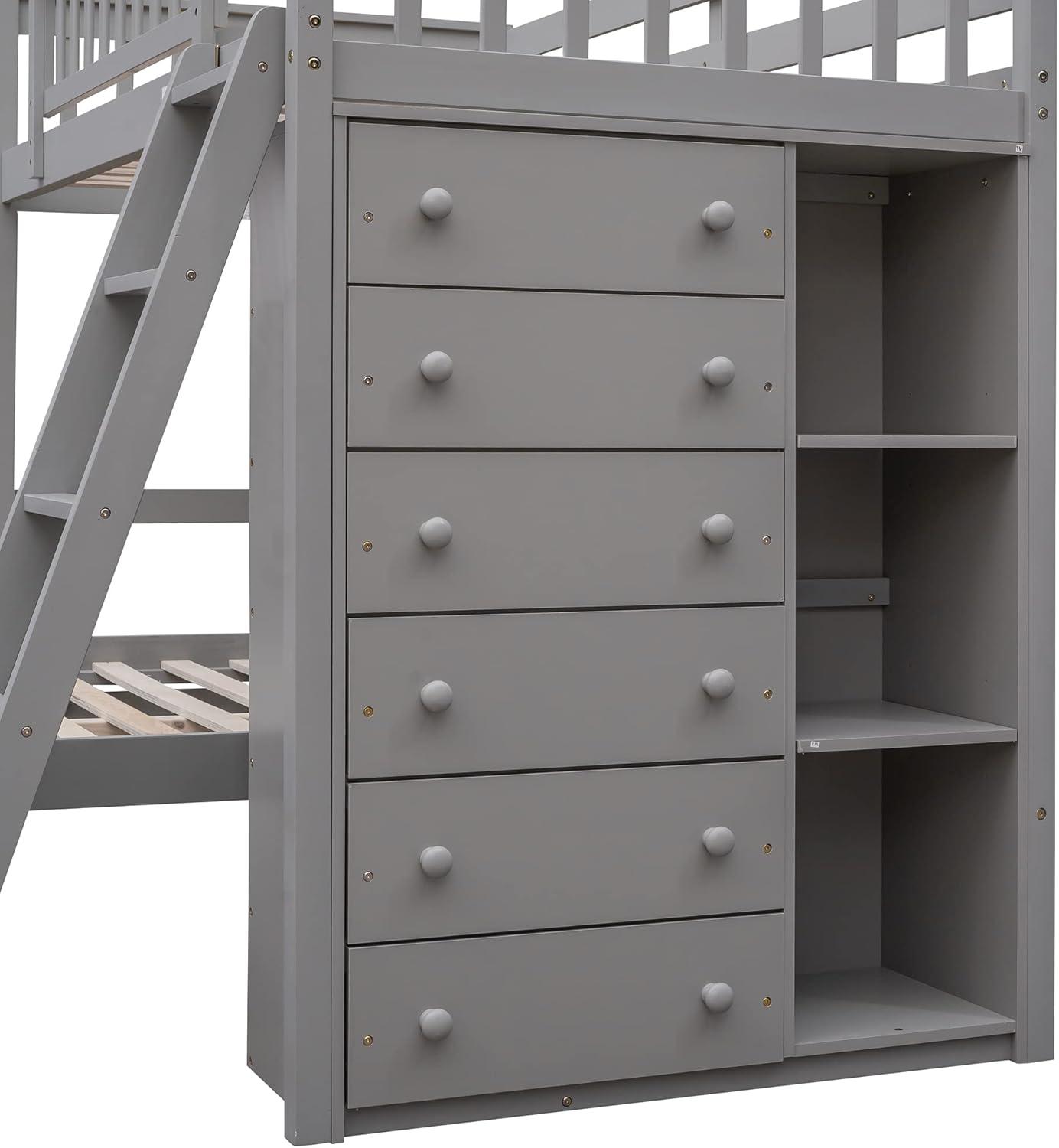 Harper & Bright Designs Twin Over Full Bunk Bed with Storage, Solid Wood Bunk Bed with 6 Drawers and 3 Flexible Shelves, Movable Bottom Bed with Wheels, for Kids Teens Adults (Gray)