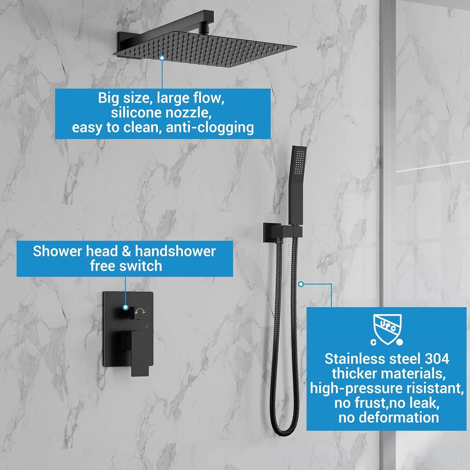 Bathroom Shower Faucet Set, 12 Inch Rainfall Shower Head With Handheld Combo, Wall Mounted Shower System Shower Fixtures With Pressure-Balanced Valve,