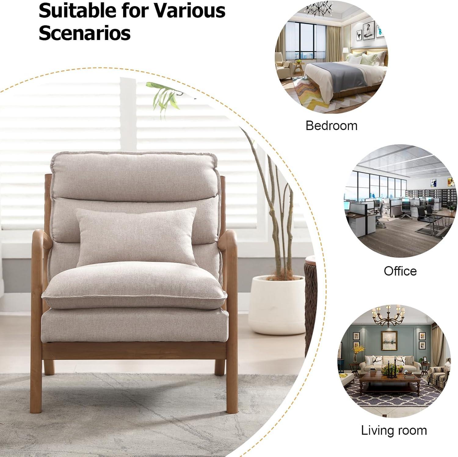 Karl home Accent Chairs Set of 2, Mid-Century Modern Chair with Pillow Upholstered Lounge Arm Chair with Solid Wood Frame & Soft Cushion for Living Room, Bedroom, Balcony, Beige