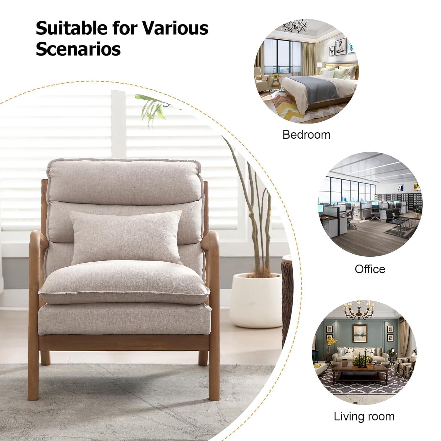 Karl home Accent Chairs Set of 2, Mid-Century Modern Chair with Pillow Upholstered Lounge Arm Chair with Solid Wood Frame & Soft Cushion for Living Room, Bedroom, Balcony, Beige