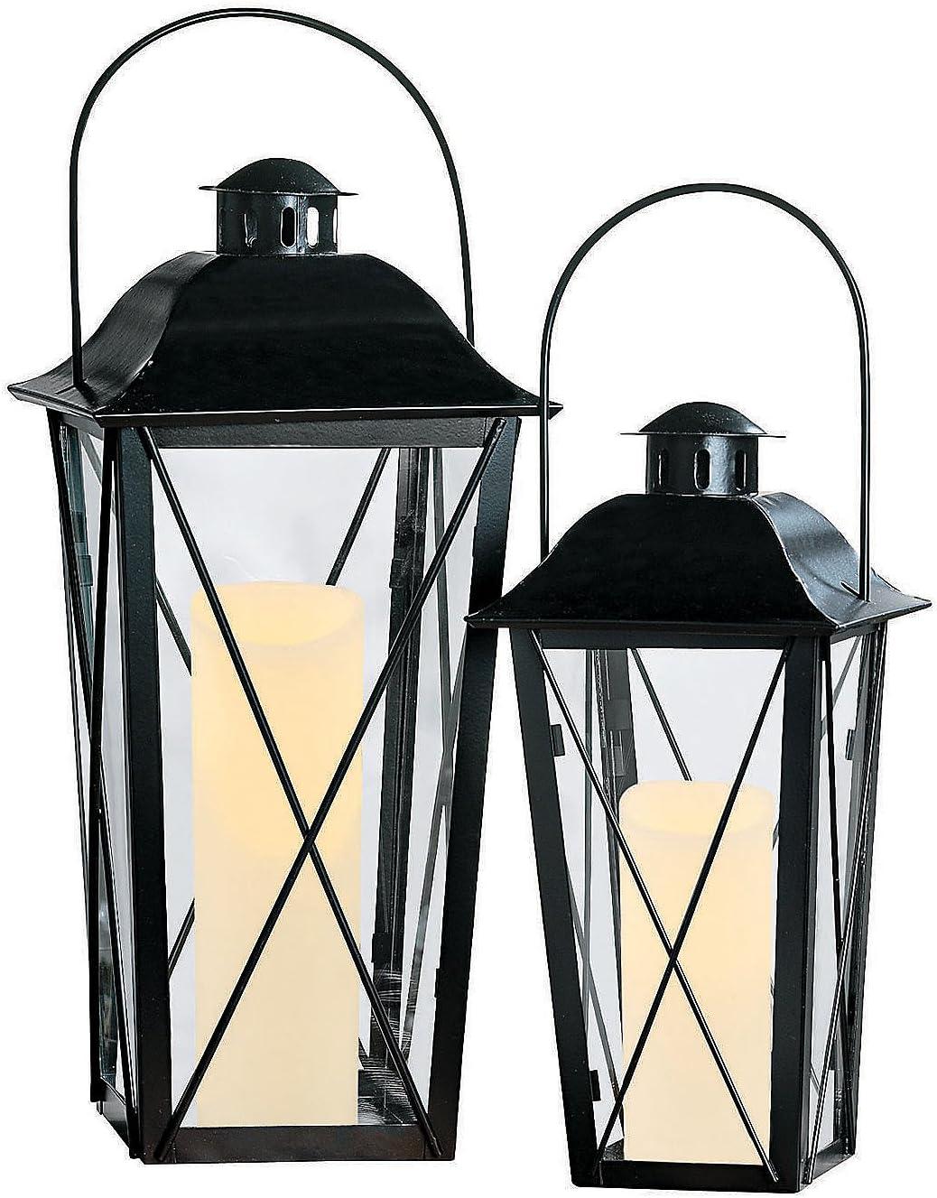 Black Metal and Glass Lantern Set for Tabletop or Hanging