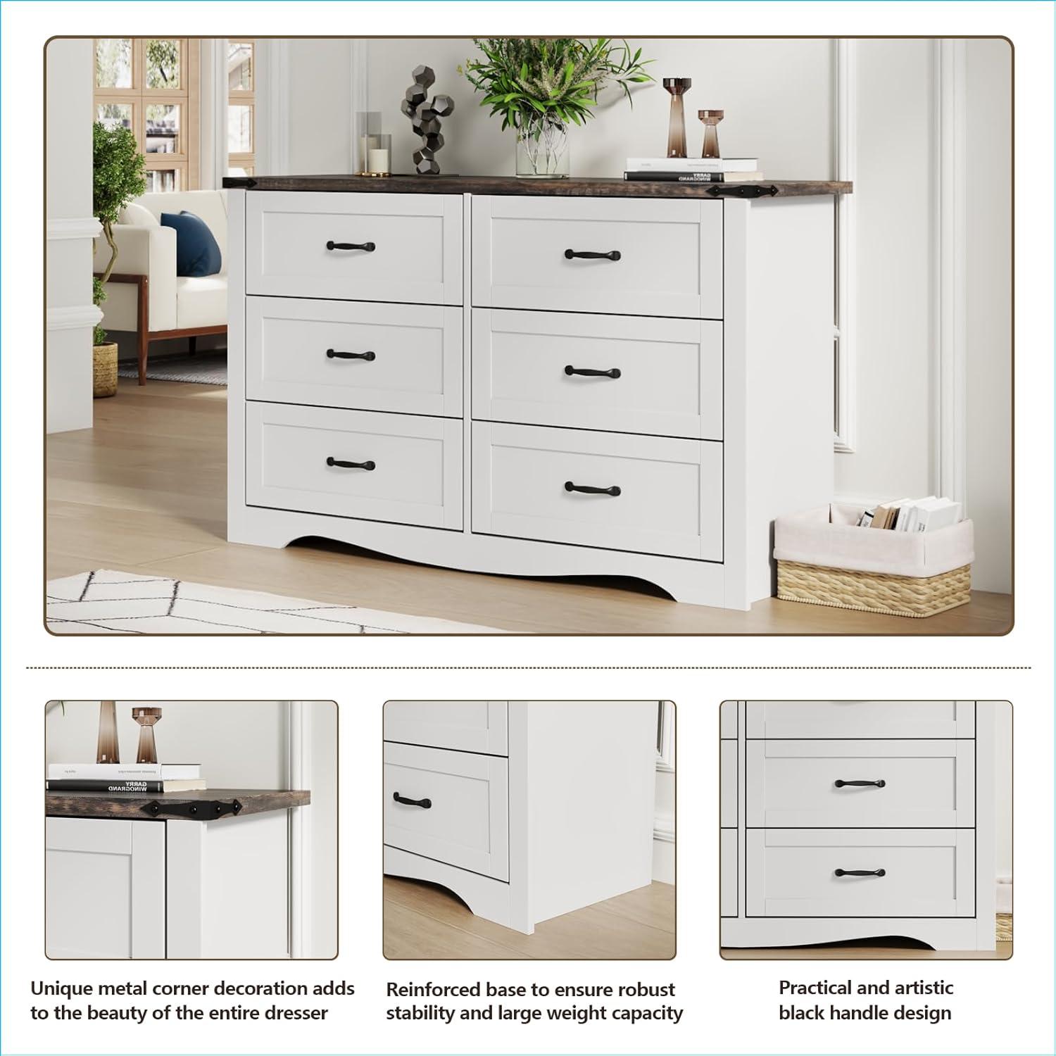 Coulten 6 Drawer 46.4" W Farmhouse 6 Drawers Double Dresser for Bedroom, Modern White Dresser Chest of Drawers, Wide Dressers Organizer, Accent Storage Cabinet for Closet, Living Room, Hallway
