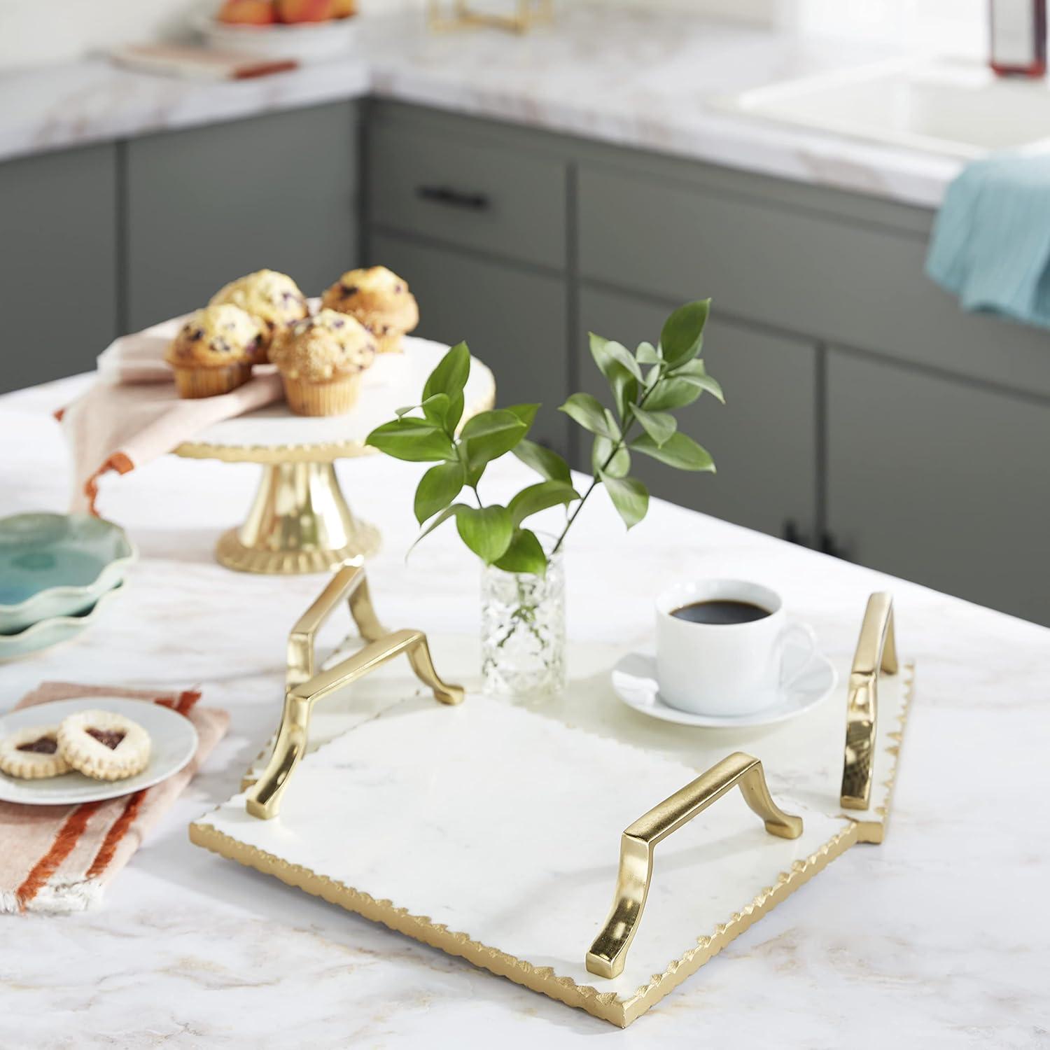 Set of 2 Rectangular Marble Tray with Metal Handles Gold - Olivia & May: Ceramic, Luxury Glam Decor