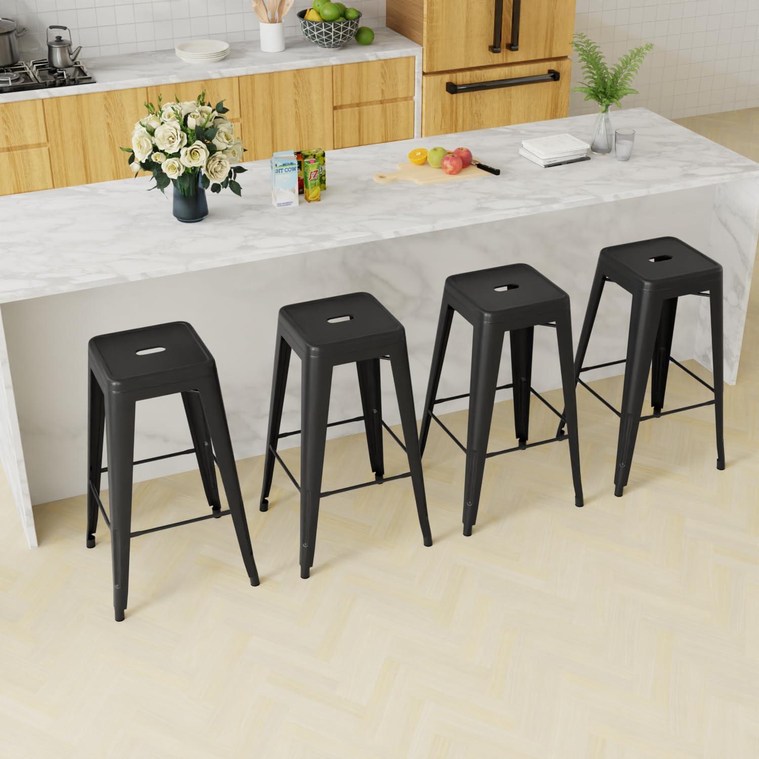 Dkelincs Upgrade Stackable Metal Bar Stools - Set of 4 Counter Height Barstools for Indoor/Outdoor Use - Backless Bar Chairs with Footrest (Black, 30")