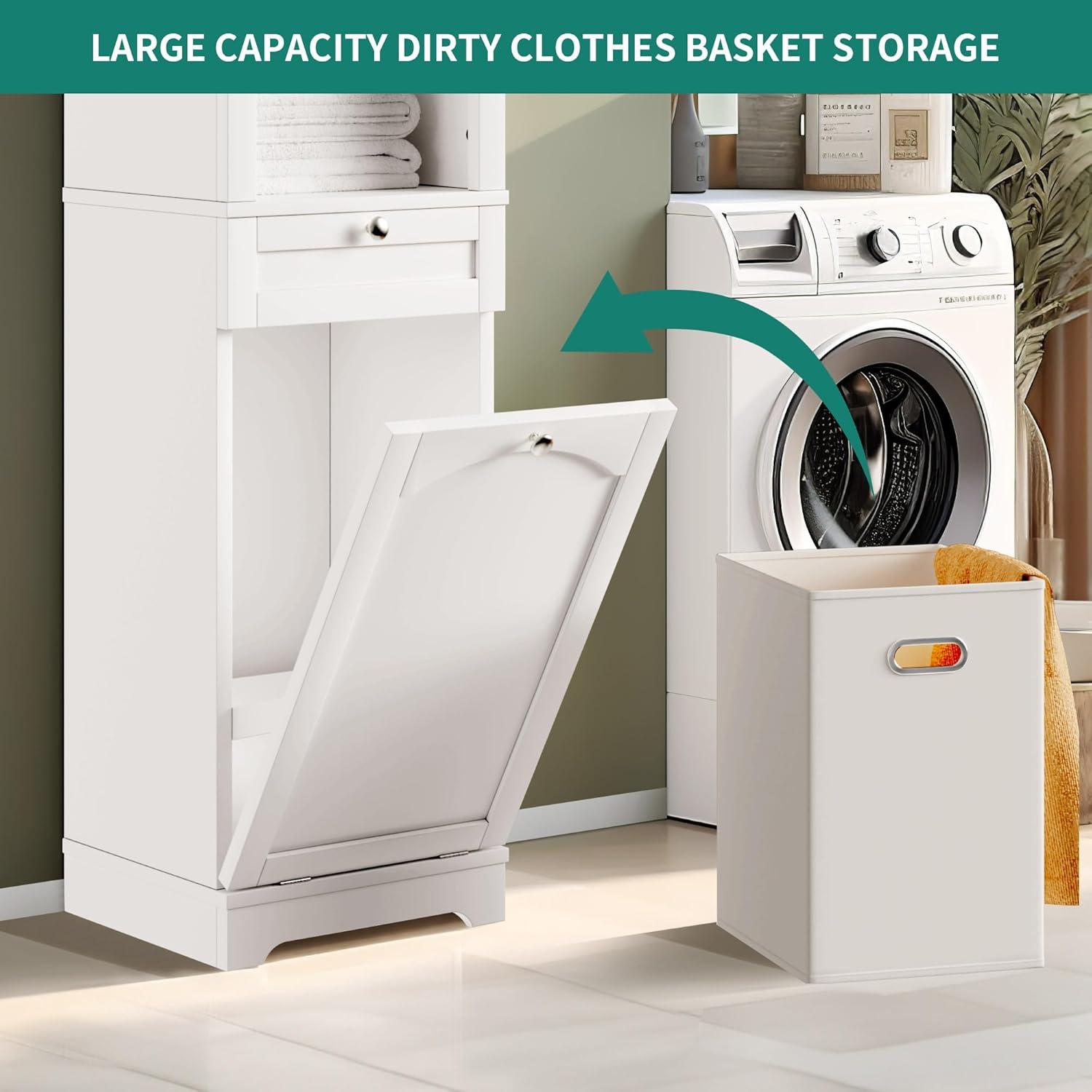 White Tall Freestanding Laundry Hamper Cabinet with Storage