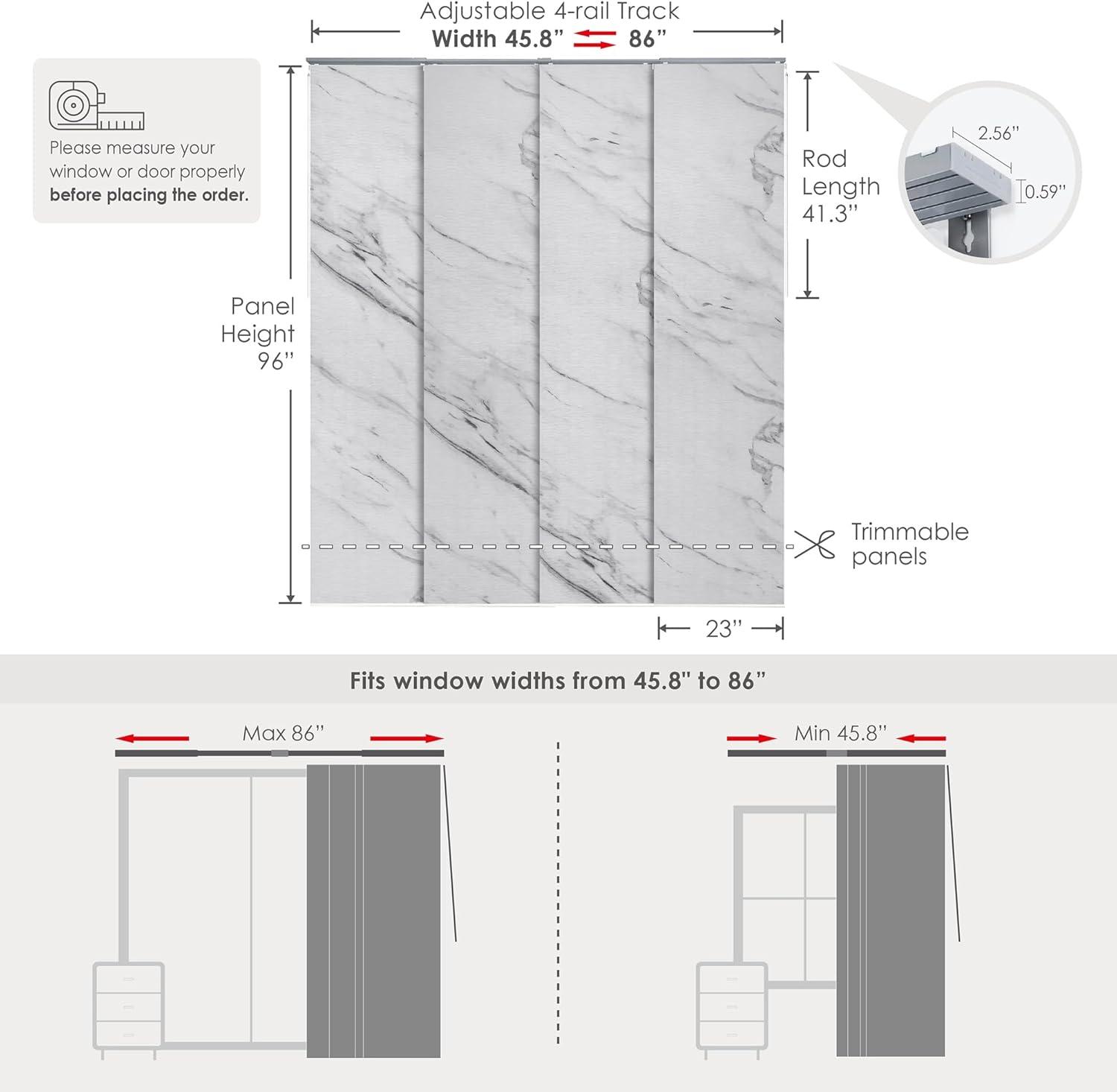 GoDear Design 4-Panel Single Rail 23-in Slat Width 86-in x 96-in Cordless Statuario Fabric Room Darkening Vertical Blinds