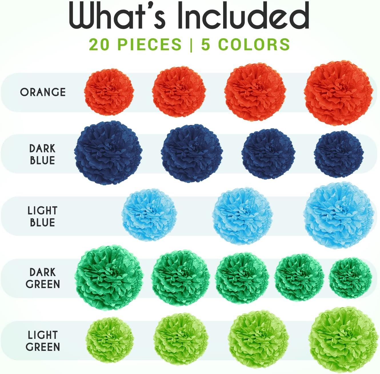 20-Piece Tissue Paper Pom Poms Party Decorations Kit - Orange, Blue, Teal, Green & Light Green | 6", 8", 10", 12" & 14"