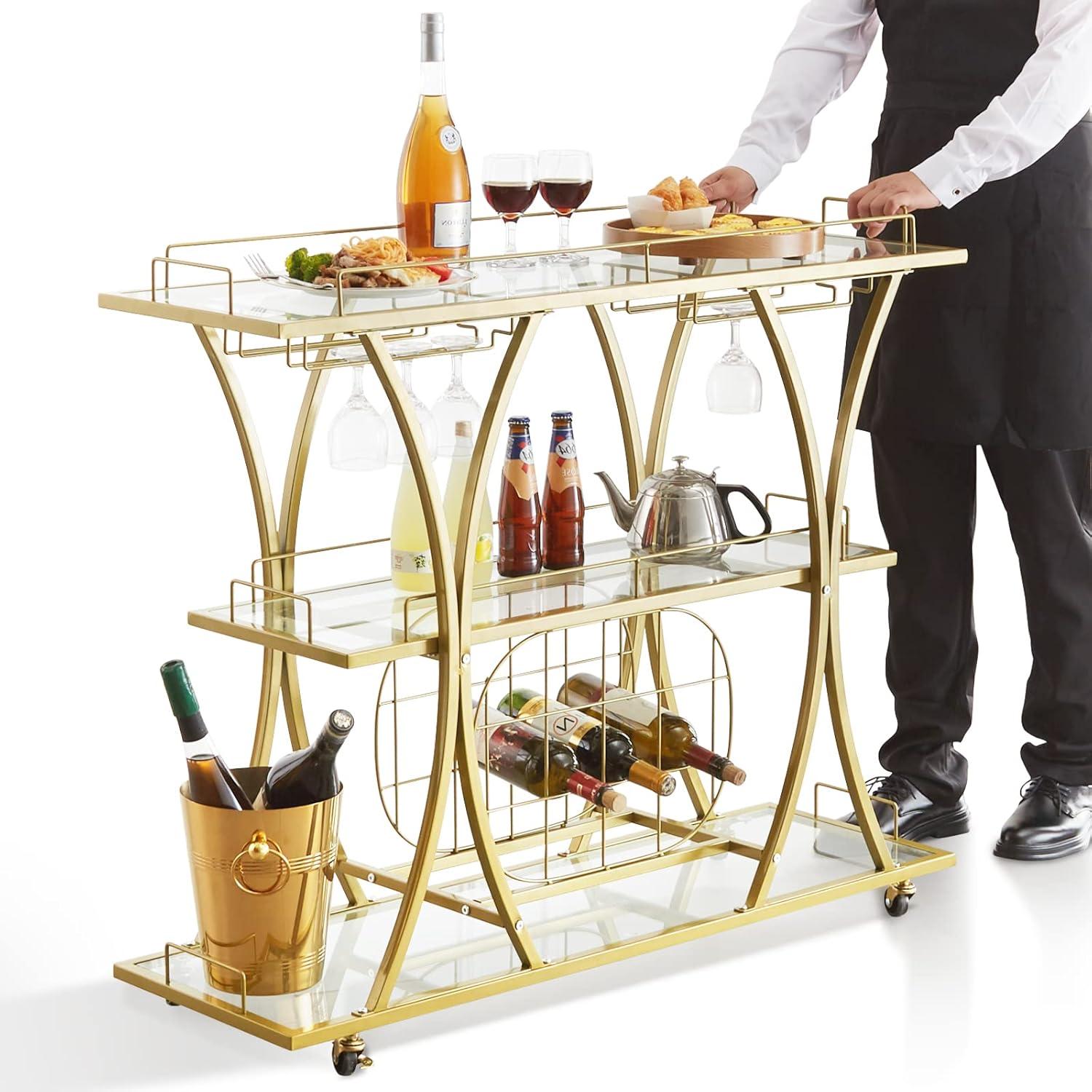 VEVOR Bar Cart Gold 3 Tiers Home Bar Serving Cart on Lockable Wheels with Tempered Glass Shelves Guardrail Wine Rack