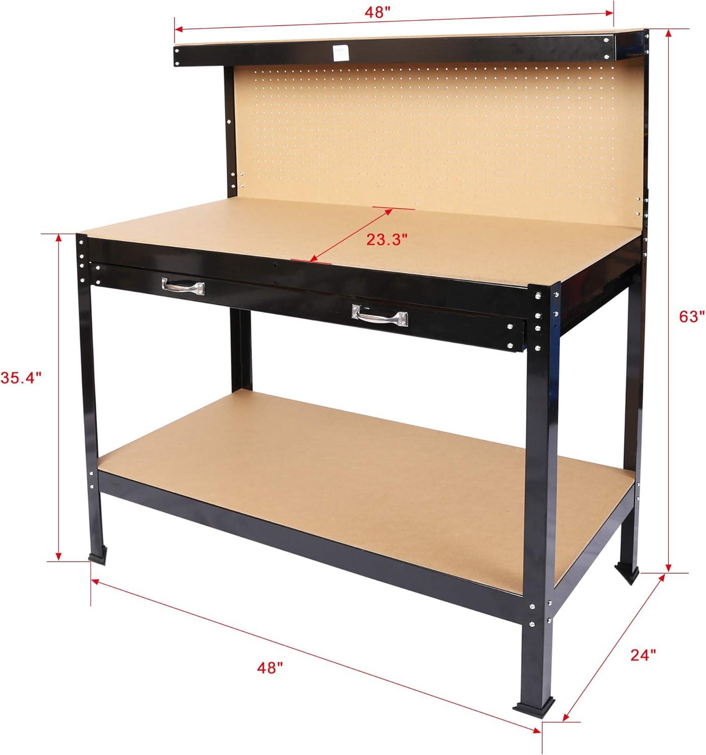 Black Steel and MDF 63-Inch Workbench with Pegboard and Drawer