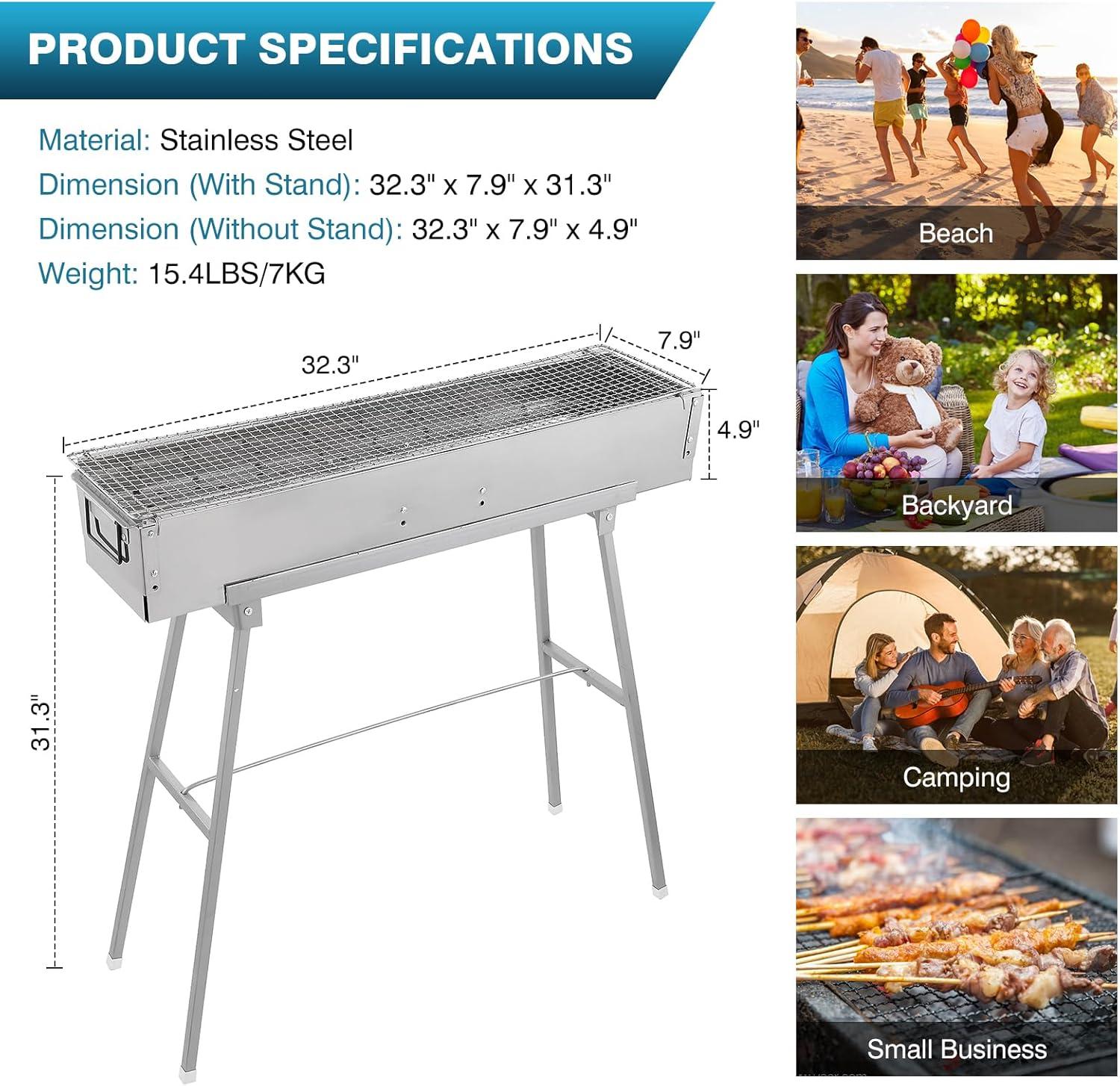 Portable Charcoal Grills, 32" x 8" Stainless Steel Folded Camping Grill Kebab Skewer BBQ Barbecue Grill Kit for Garden Backyard Party Picnic Travel Home Outdoor Cooking Use