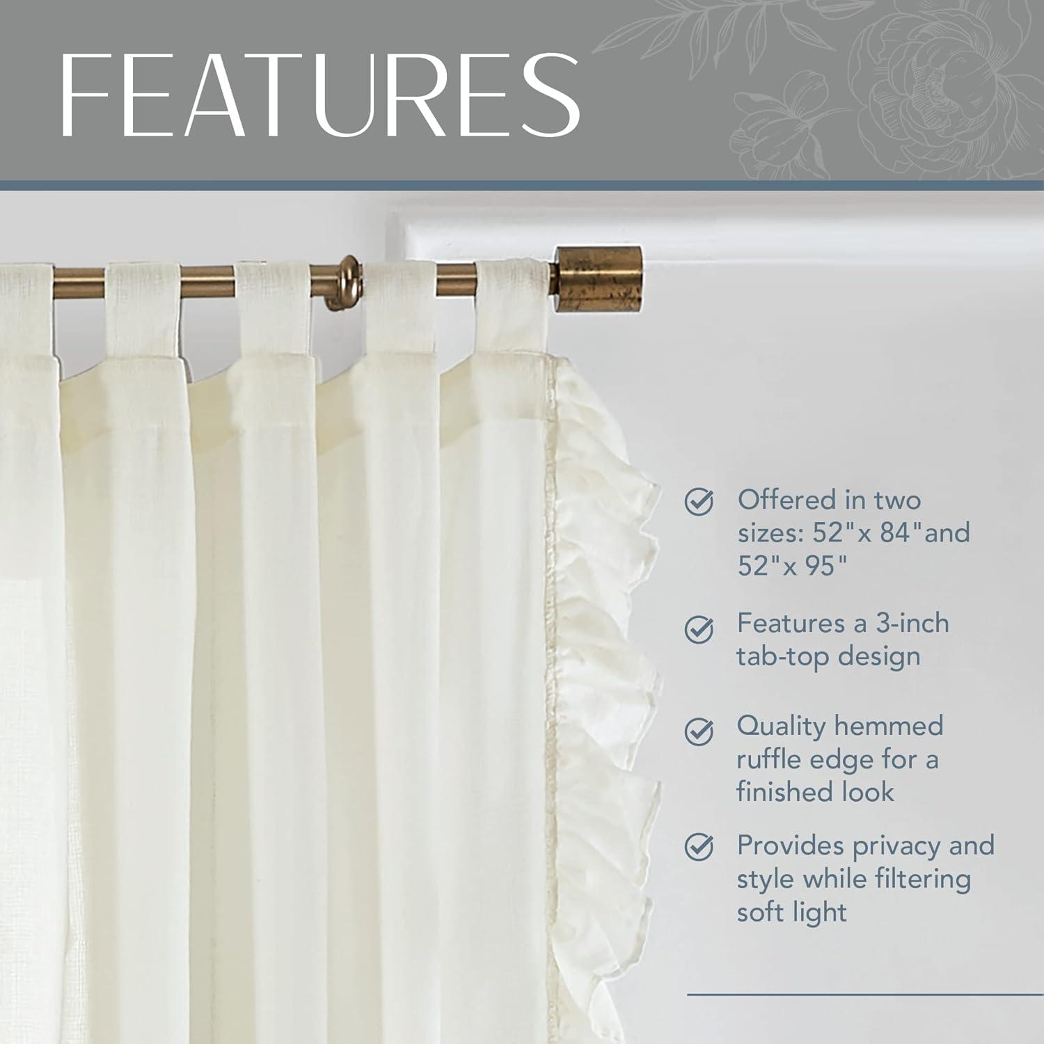 Bella Tab-Top Ruffle Cottagecore Single Sheer Window Curtain Panel - 52" x 95" - Ivory - Elrene Home Fashions