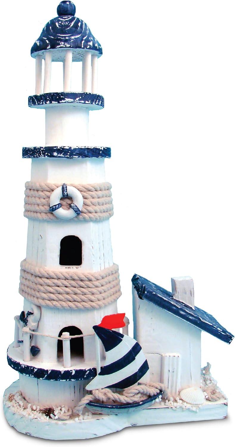 CoTa Global Ocean Blue Lighthouse Decor - Handmade and Crafted Wooden Lighthouse Decoration with Sailboat Figure Decorative Beach Style Tabletop Centerpiece, Nautical Themed Home Decor – 13.5 Inch