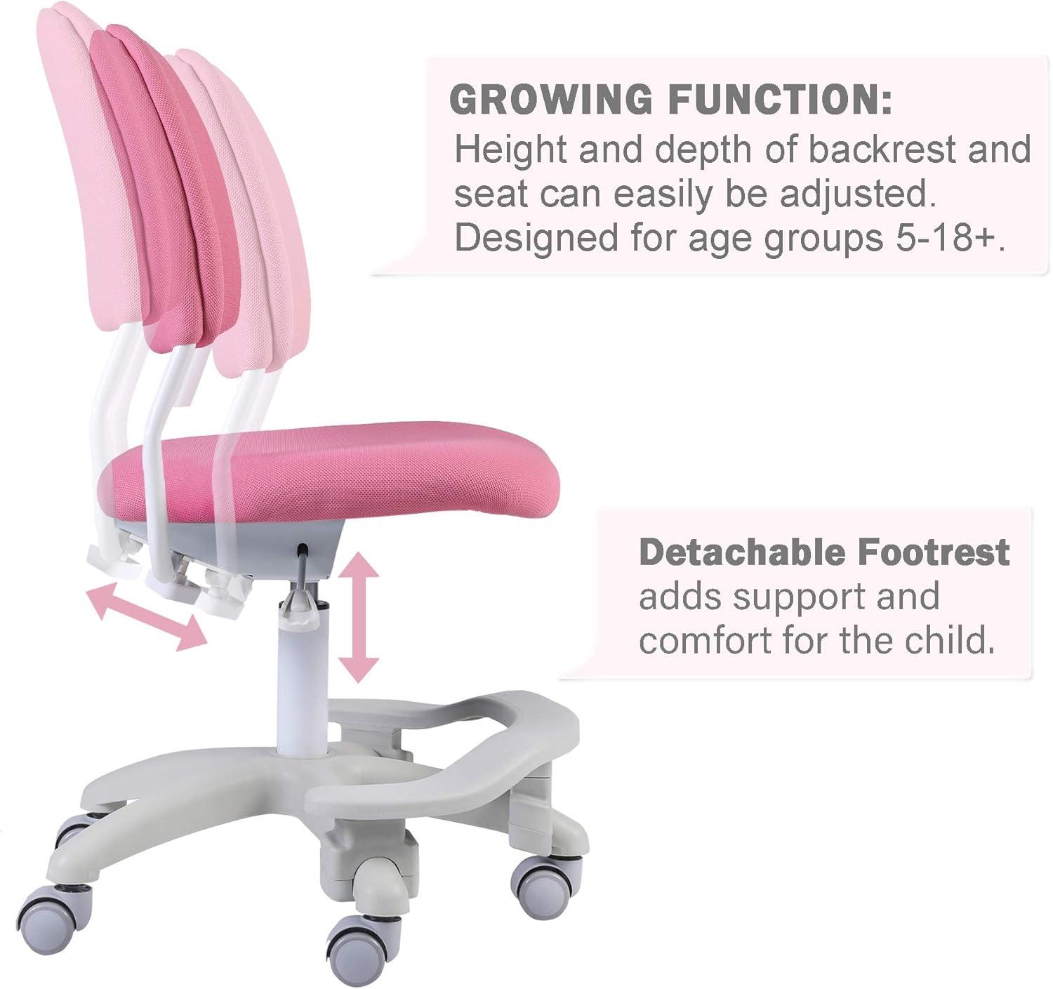 Ergonomic Kids Desk Chair, Child's Children Student Study Office Computer Chair, Adjustable Height and Seat Depth, W/Slipcovers, Detachable Footrest and Lumbar Support (Pink, W/Chair Slipcovers)