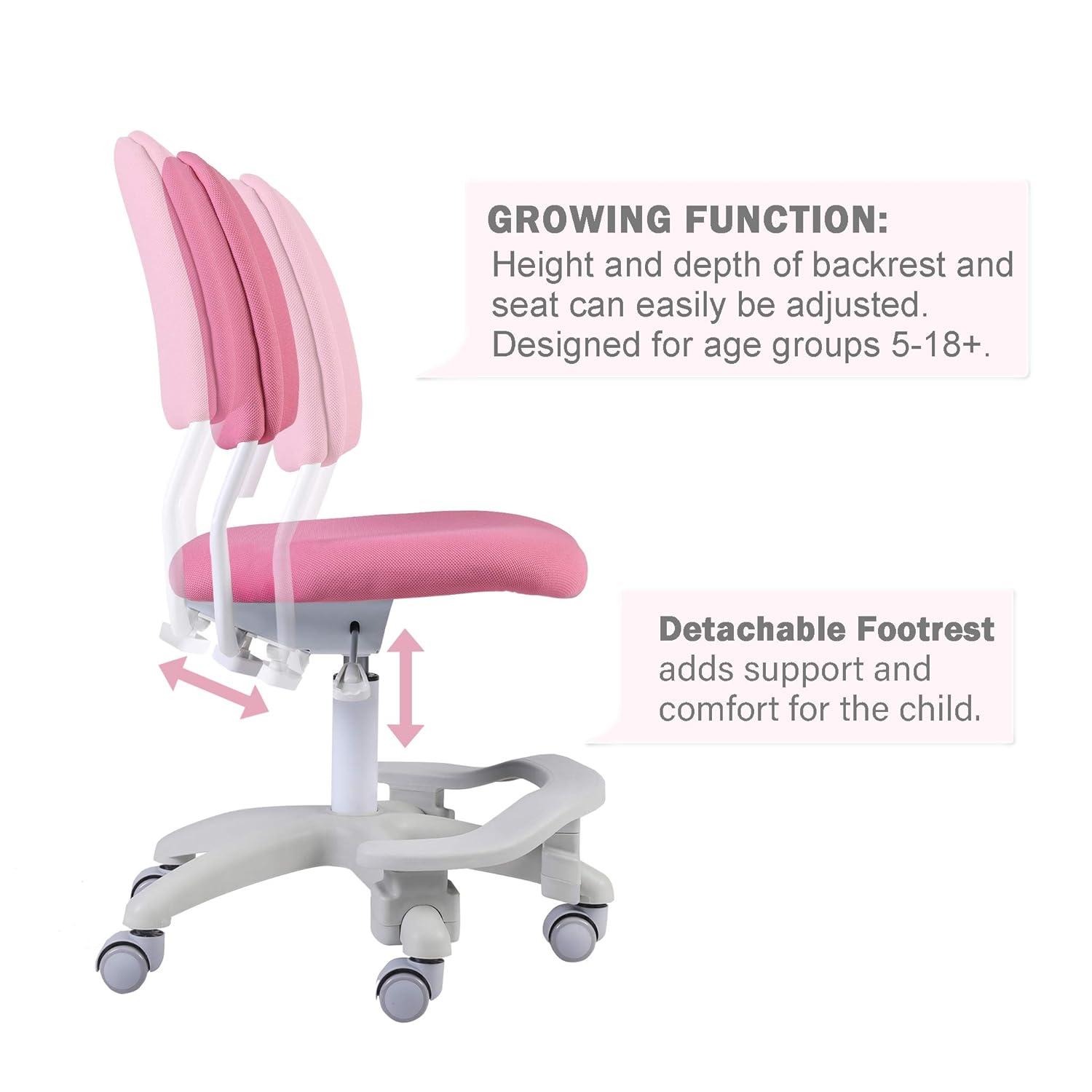 Ergonomic Kids Desk Chair, Child's Children Student Study Office Computer Chair, Adjustable Height and Seat Depth, W/Slipcovers, Detachable Footrest and Lumbar Support (Pink, W/Chair Slipcovers)