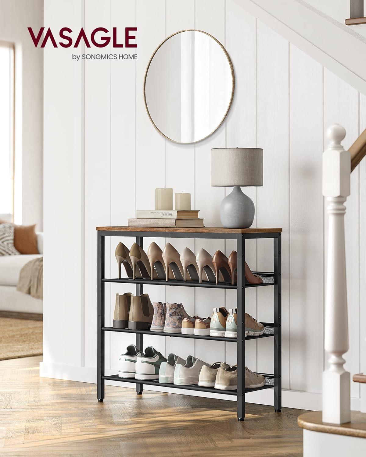 Rustic Brown and Black 4-Tier Wood and Metal Shoe Rack