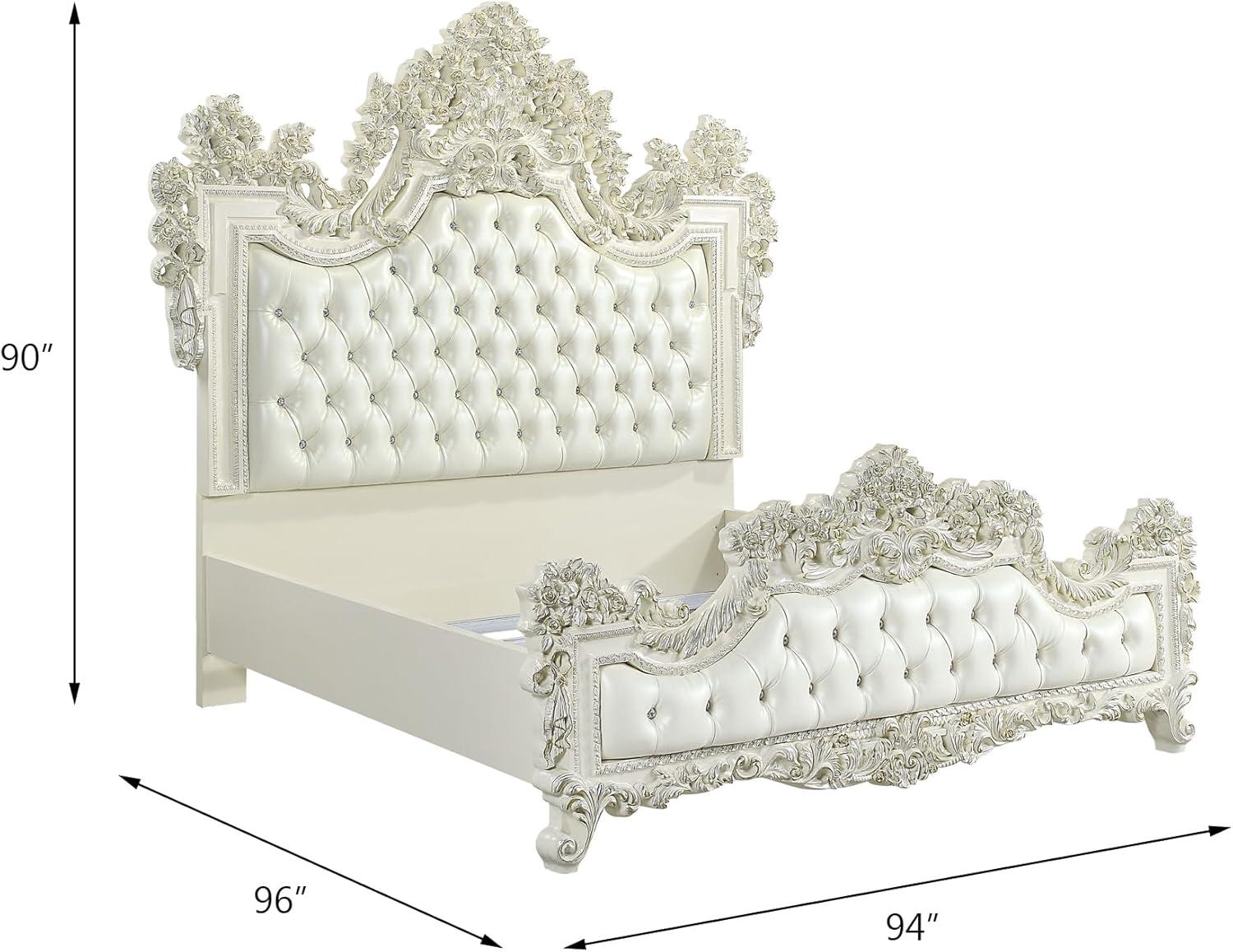 Acme Furniture: 90" Eastern King Bed Adara Bed White Synthetic Leather and Antique White Finish Victorian Style, Tufted Headboard