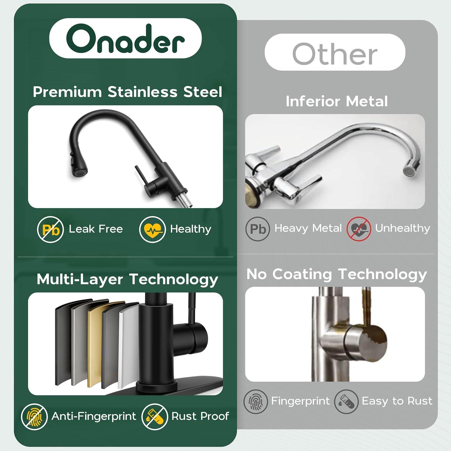 Onader Black Kitchen Faucet with Soap Dispenser, Stainless Steel Single Handle Kitchen Sink Faucet with Pull Down Sprayer, Single Hole or 3 Holes