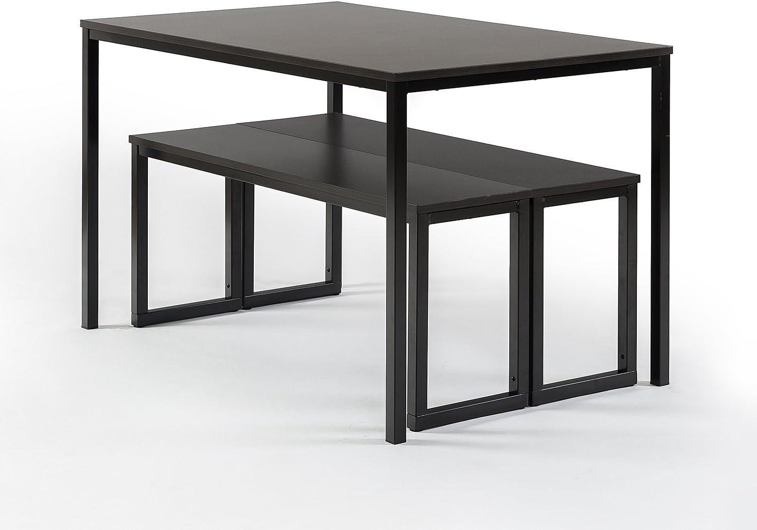 Espresso Metal Frame Dining Table with Two Benches