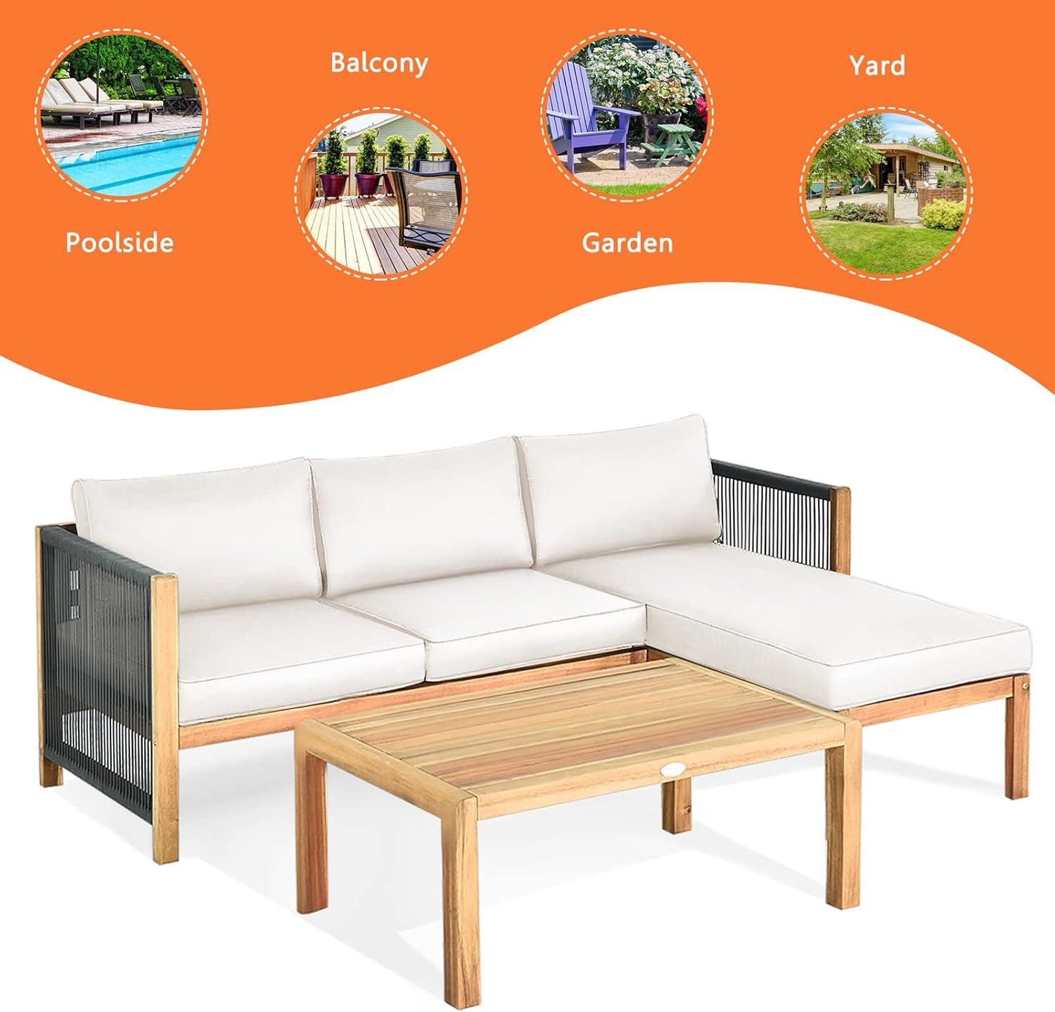 Topcobe 3 Piece Patio Acacia Sofa Set with Nylon Armrest, Outdoor Furniture, White