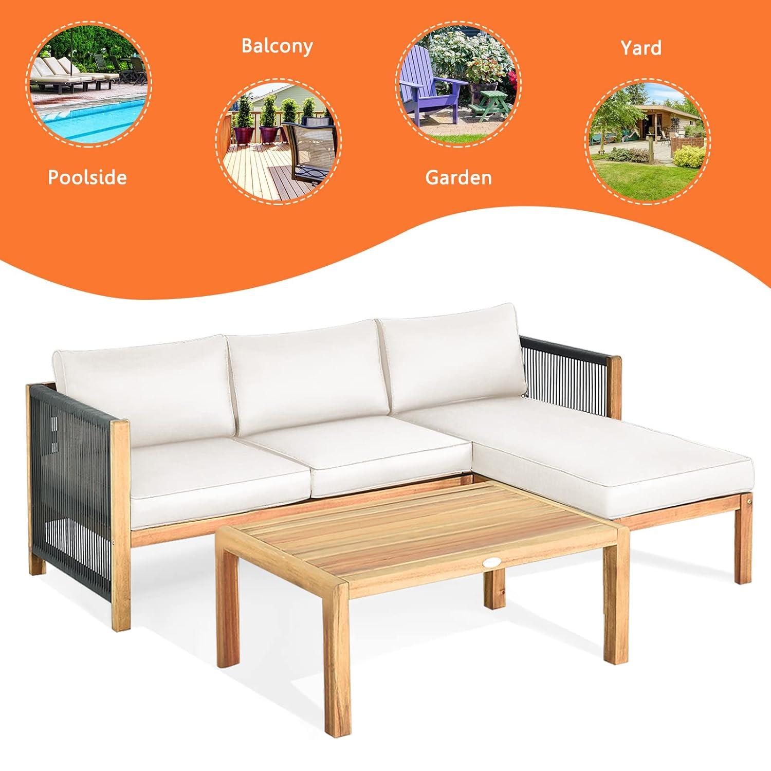 Topcobe 3 Piece Patio Acacia Sofa Set with Nylon Armrest, Outdoor Furniture, White