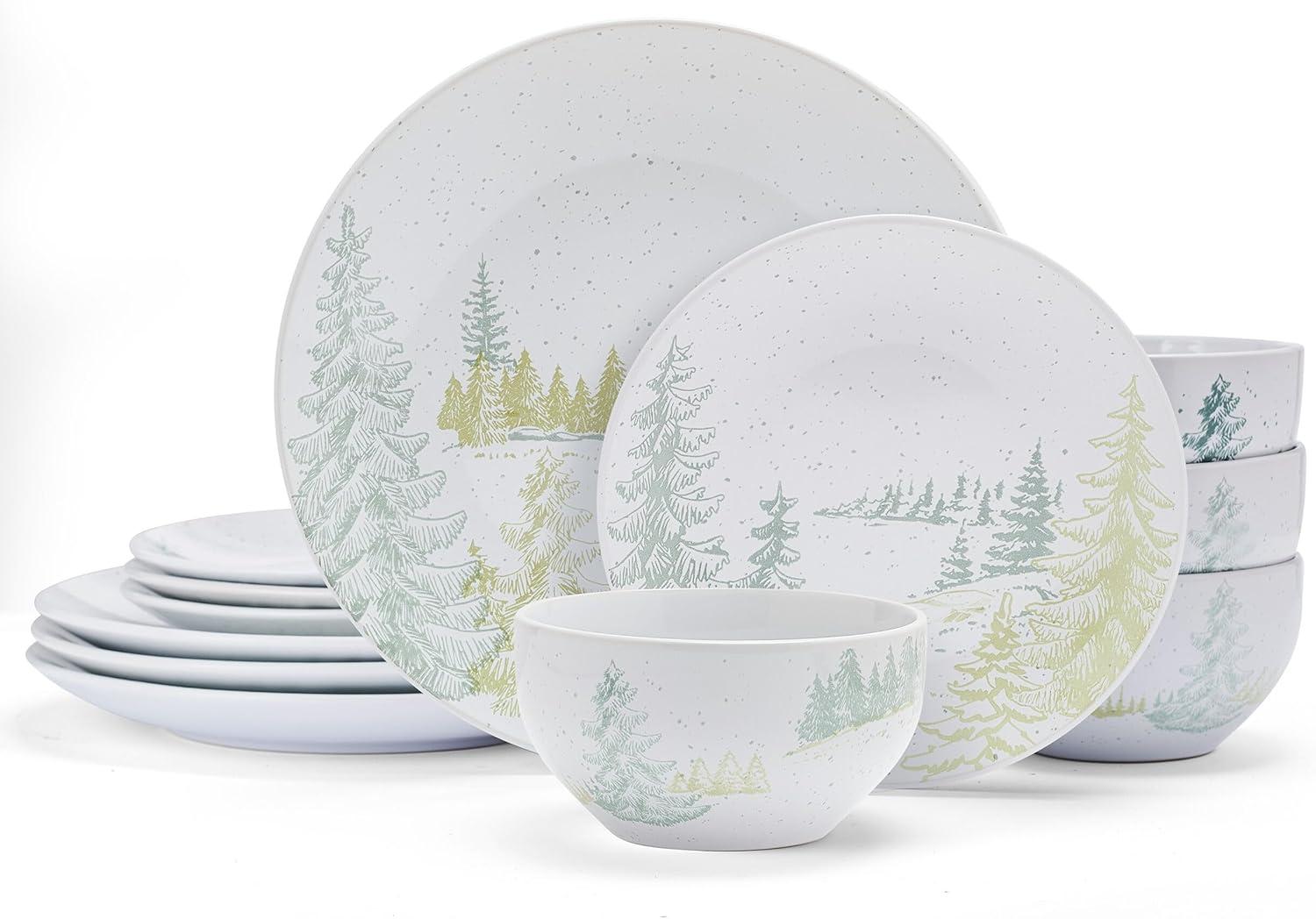 Tranquil Trails White Ceramic 12-Piece Dinnerware Set, Service for 4