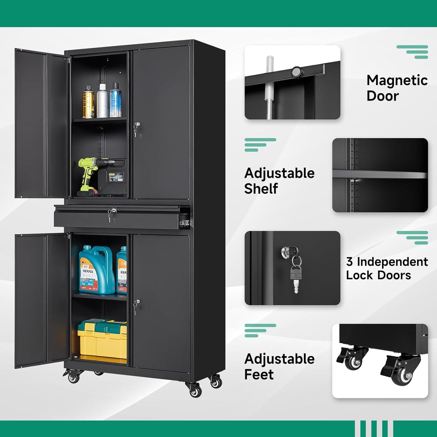 17 Stories Wheeling Garage Storage Cabinet, Rolling Tool Cabinet with 4 Door Lock-Adjustable Shelves and 1 Drawer for Garage Utility Room (Black)