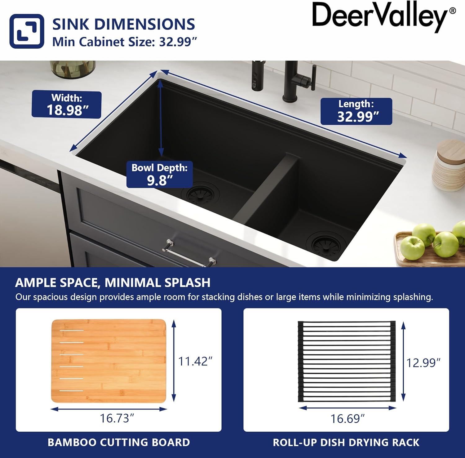 DeerValley 33" x 19" Undermount 60/40 Double Bowl Quartz Composite Kitchen Sink with Accessories