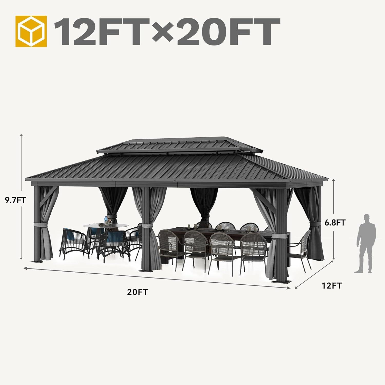 Aoxun 12x20 Hardtop Gazebo, Outdoor Galvanized Steel Double Roof Canopy with Netting and Curtains for Garden, Patio, Lawns, Gray
