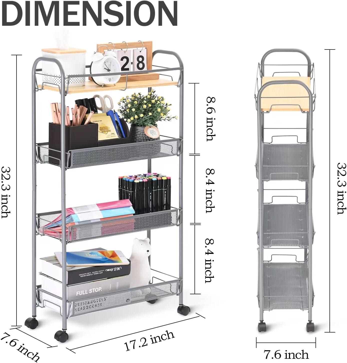 Slim 4-Tier Gray Metal Rolling Cart with Wooden Top