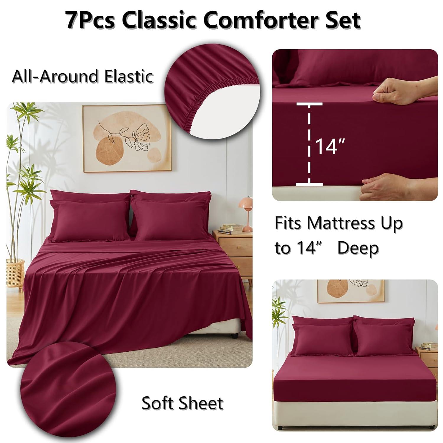 CozyLux Burgundy Comforter Set Queen 7 Pieces Red Comforter Set Queen Bedding Sets Maroon Wine with All Season Quilted Comforter, Flat Sheet, Fitted Sheet, Pillowcases