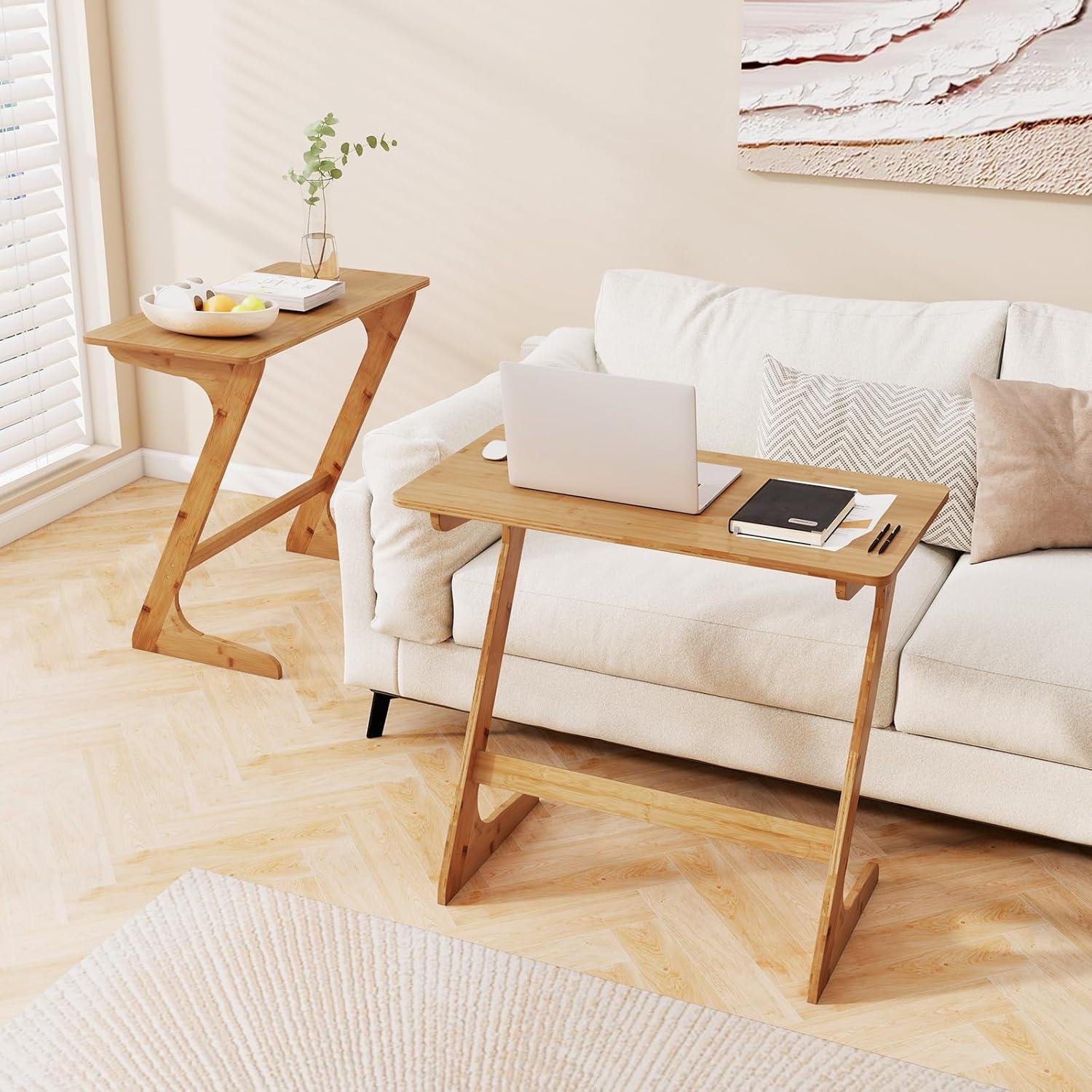 Costway 2 PCS Bamboo Sofa Side Table Z-Shaped Spacious Tabletop Space-Saving TV Snack Tray Natural