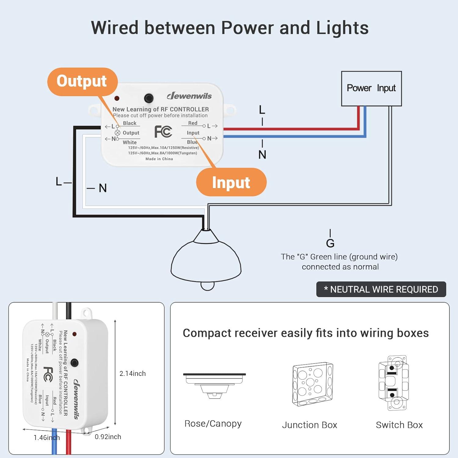 DEWENWILS Wireless Light Switch and Receiver Kit, 10A/1200W, No in-Wall Wiring Required,Remote Control Wall Switch Lighting Fixture for Ceiling Lights, Fans, Lamps,100 Ft RF Range, Programmable