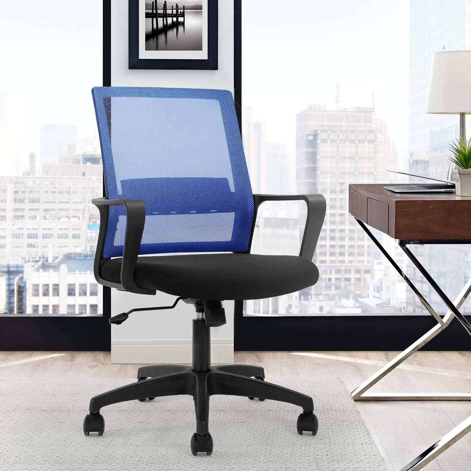 FDW Home Office Chair Mid-Back Mesh Computer Chair Lumbar Support Comfortable Executive Adjustable Chair with Armrests,Blue