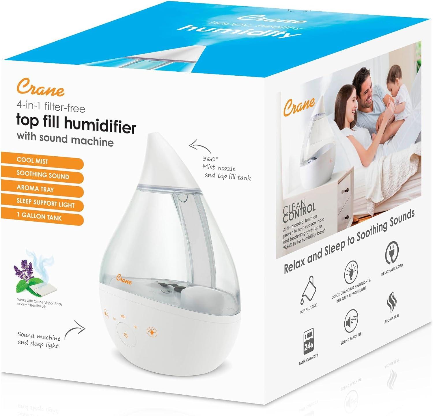 Crane USA Drop 2.0 , 4-in-1 Cool-Mist Humidifier with Aroma Tray & Sound Machine