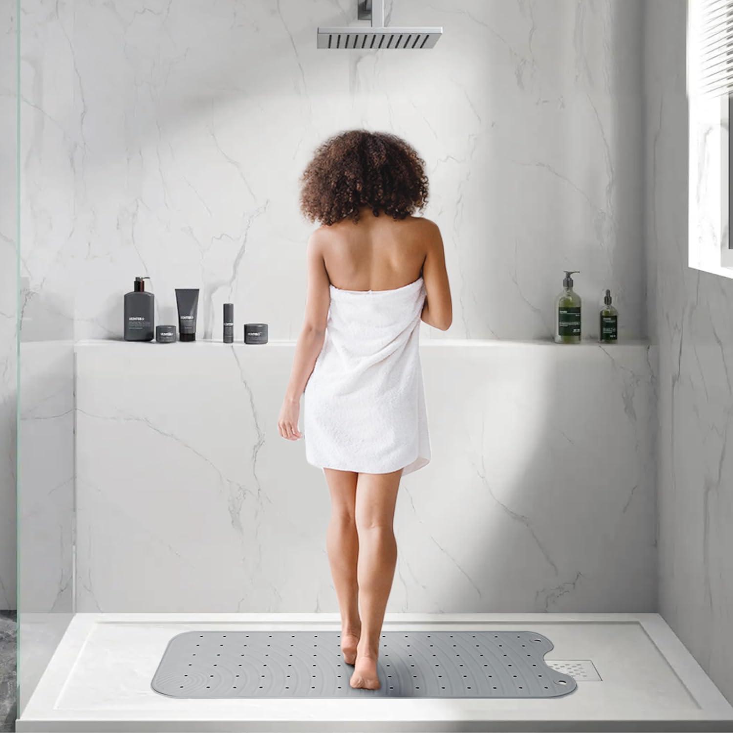 Extra Long Grey Rubber Non-Slip Bathtub Mat with Suction Cups