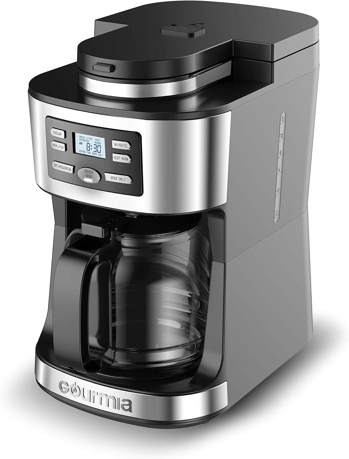 Gourmia 12-Cup Programmable Grind & Brew Coffee Maker: Stainless Steel, Dishwasher-Safe Parts
