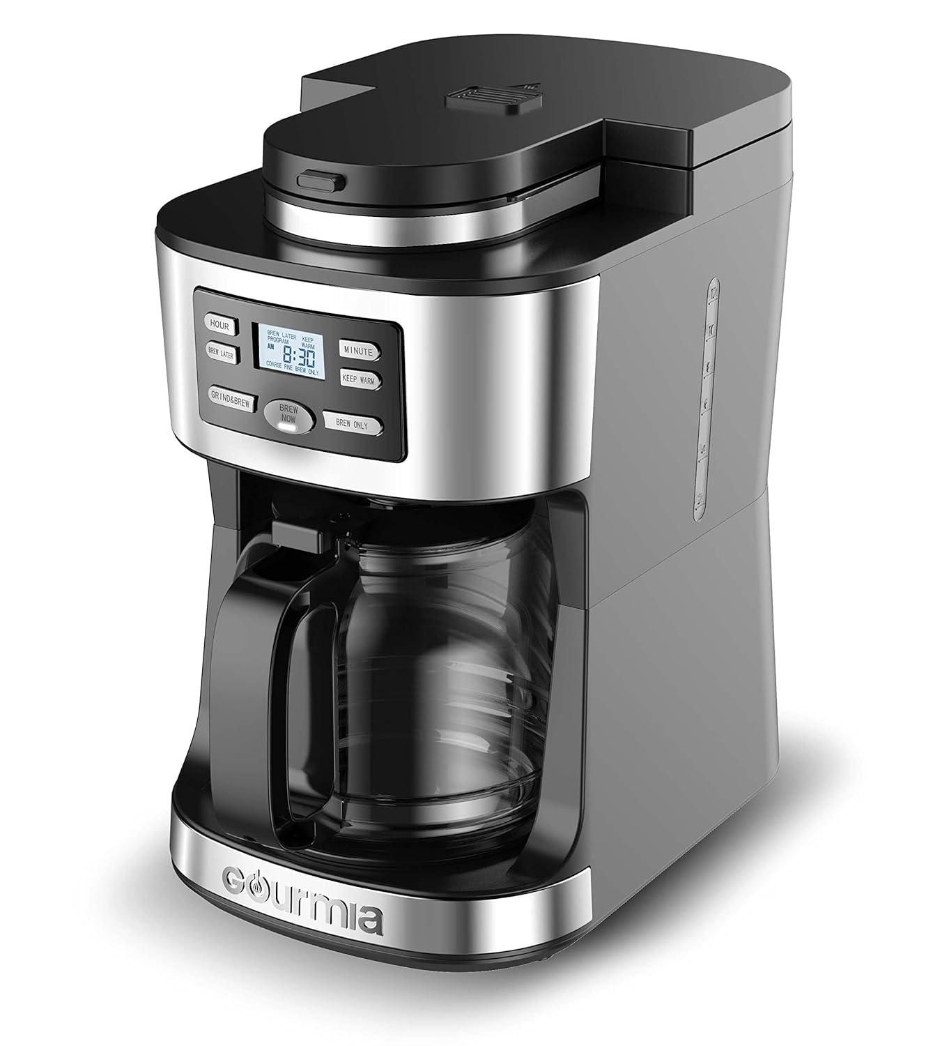 Gourmia 12-Cup Programmable Grind & Brew Coffee Maker: Stainless Steel, Dishwasher-Safe Parts