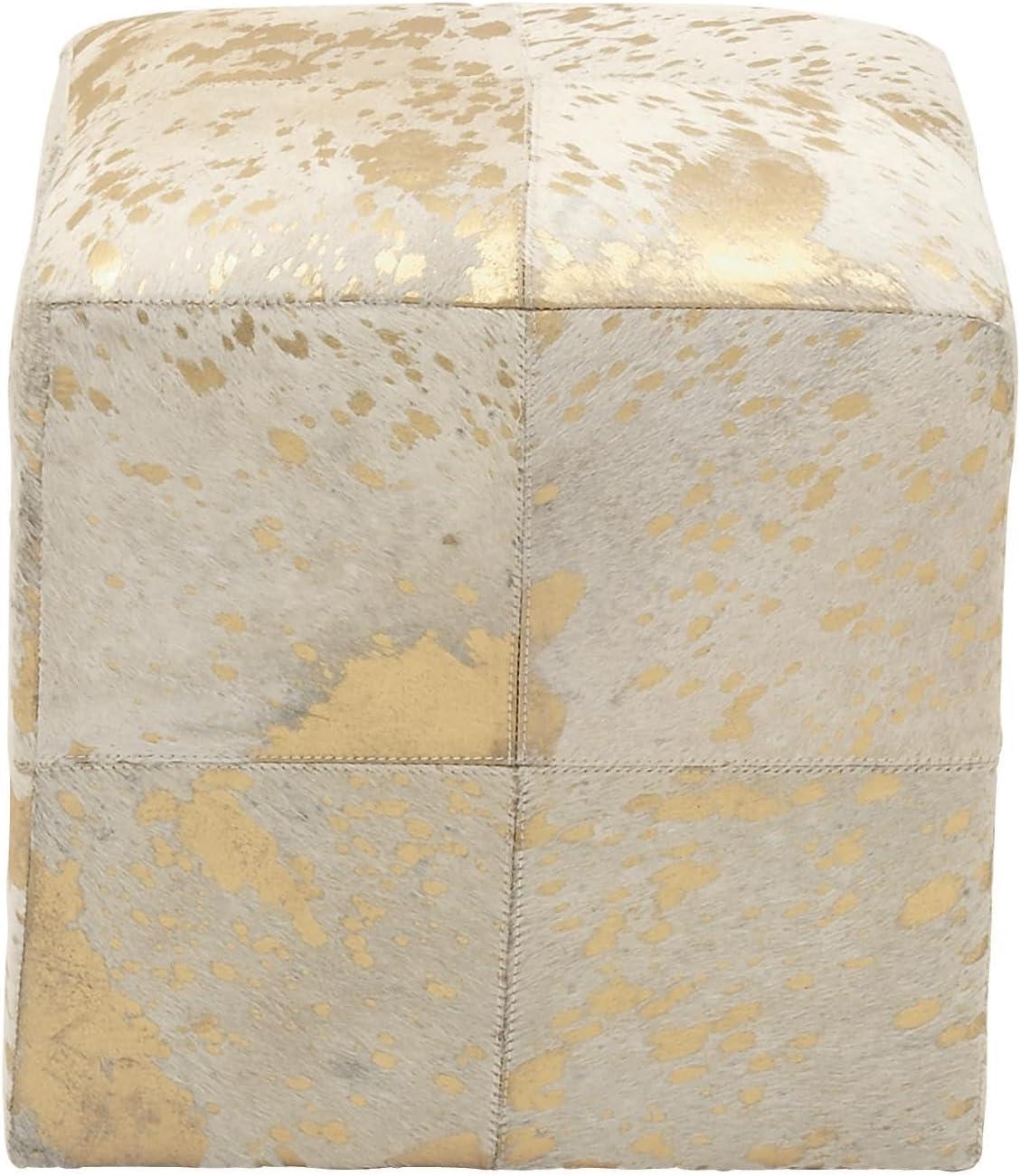 Gold and Beige Leather Box Pouf Stool